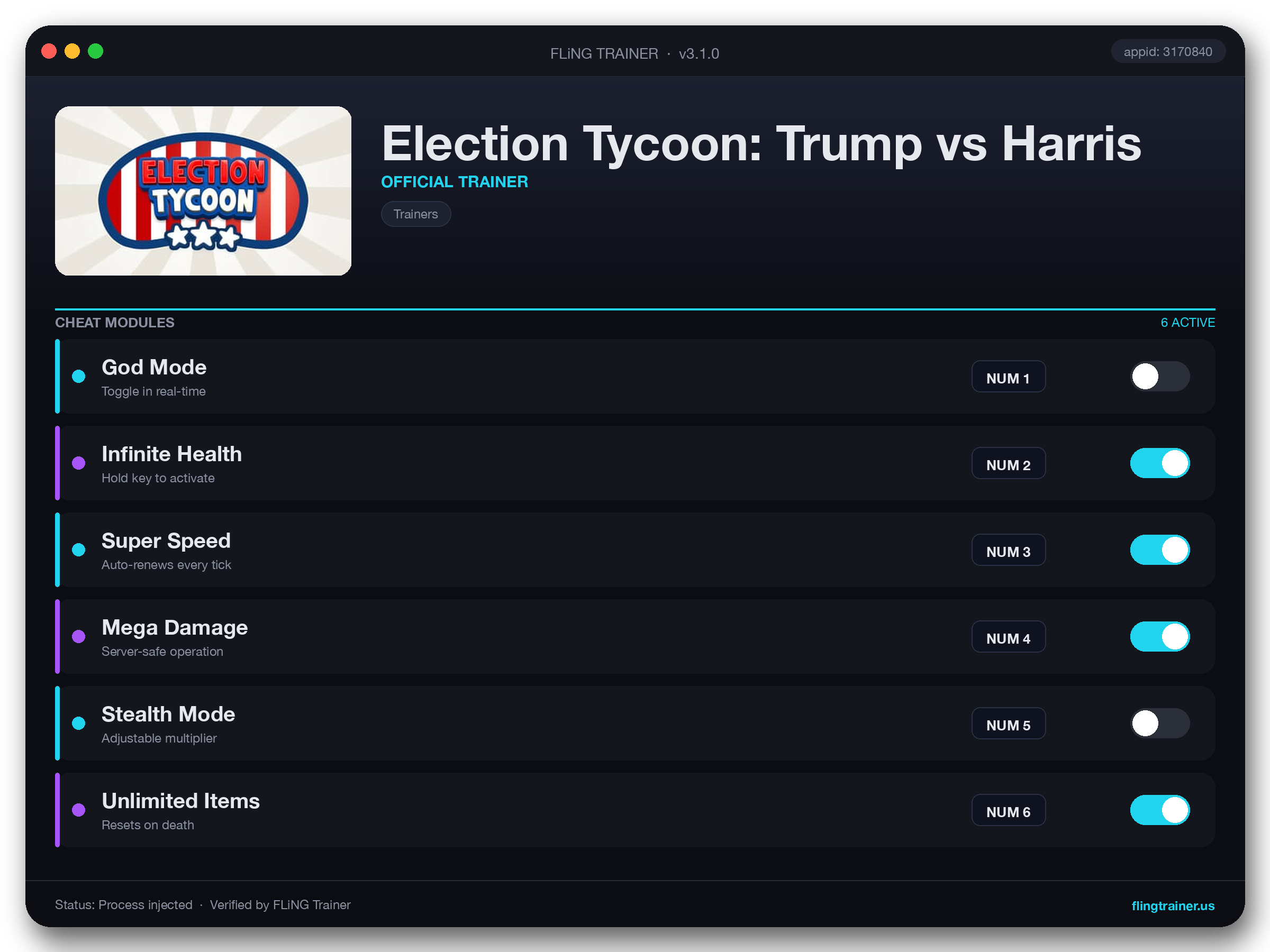 Election Tycoon: Trump vs Harris Trainer interface