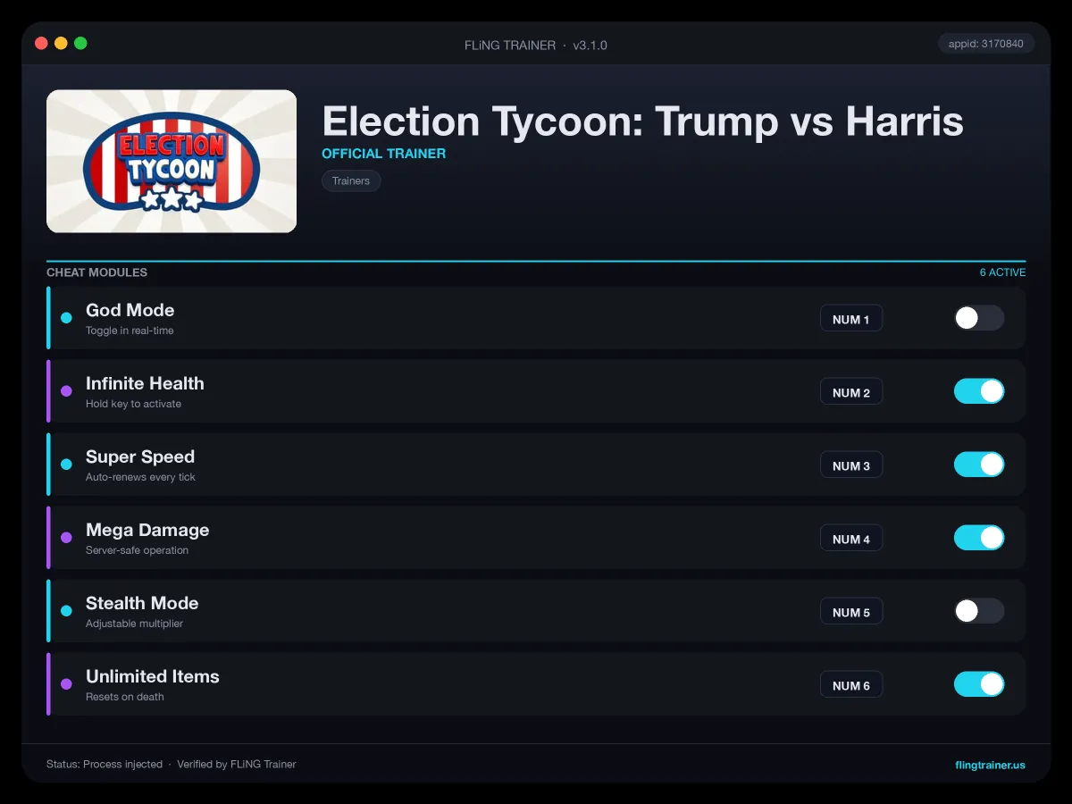 Election Tycoon: Trump vs Harris Trainer interface