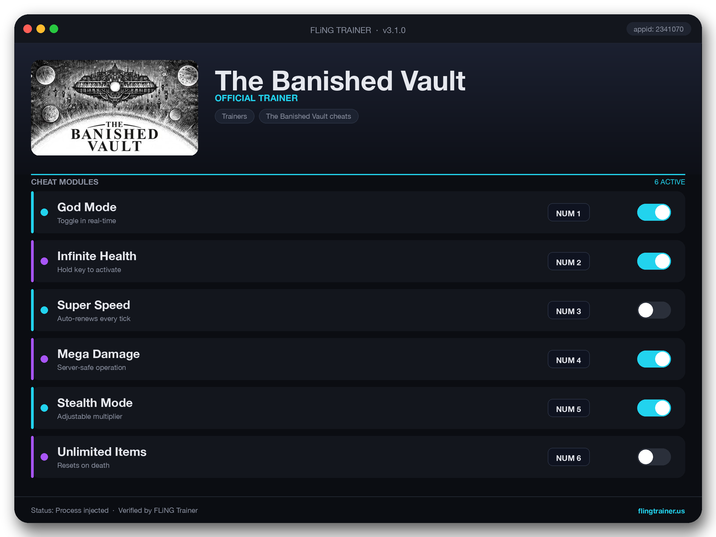 The Banished Vault Trainer interface