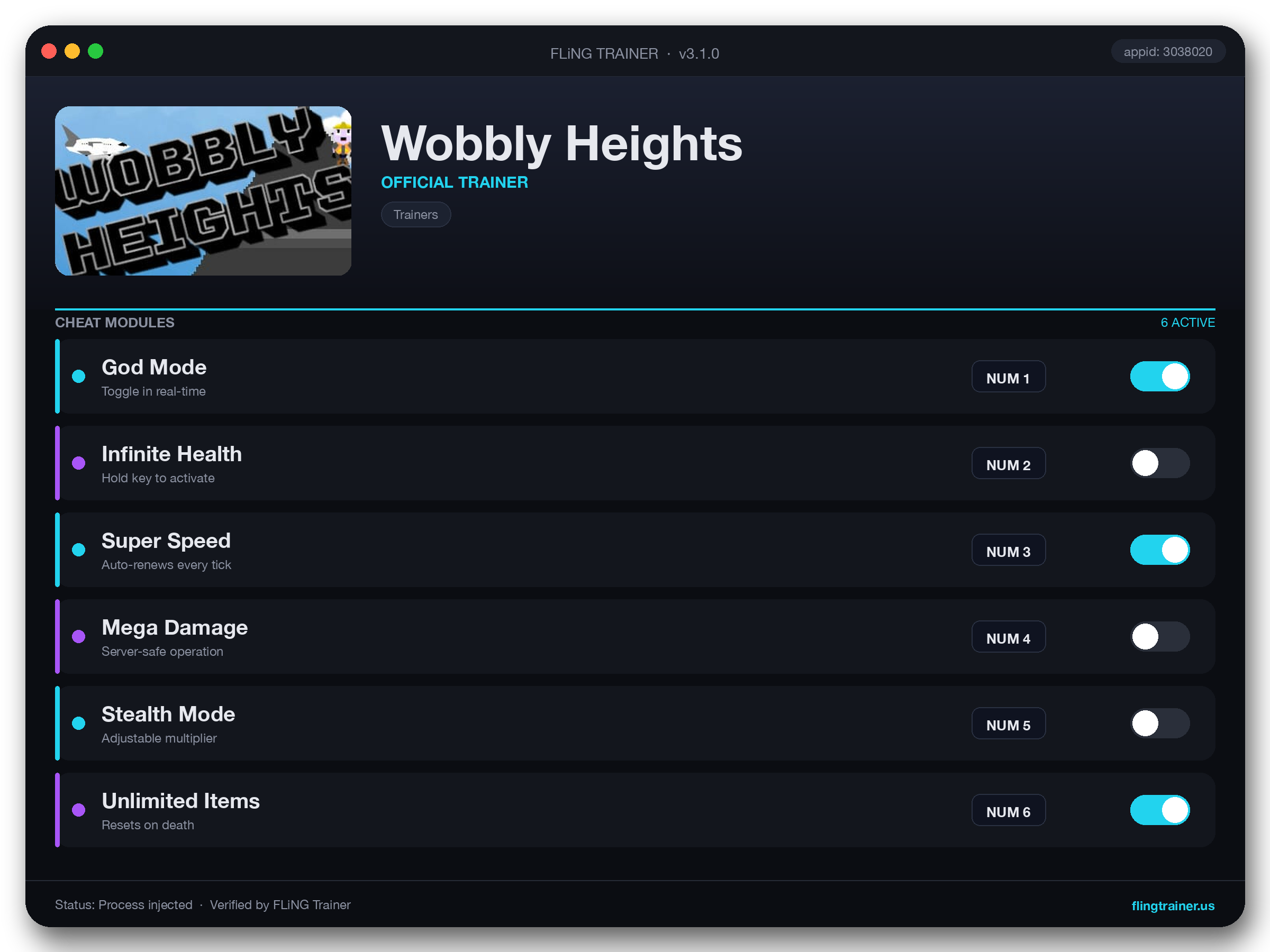 Wobbly Heights Trainer interface