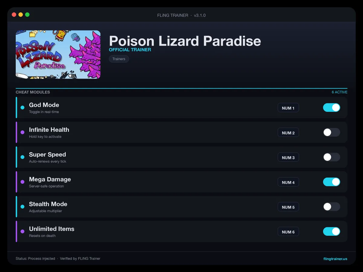 Poison Lizard Paradise Trainer interface
