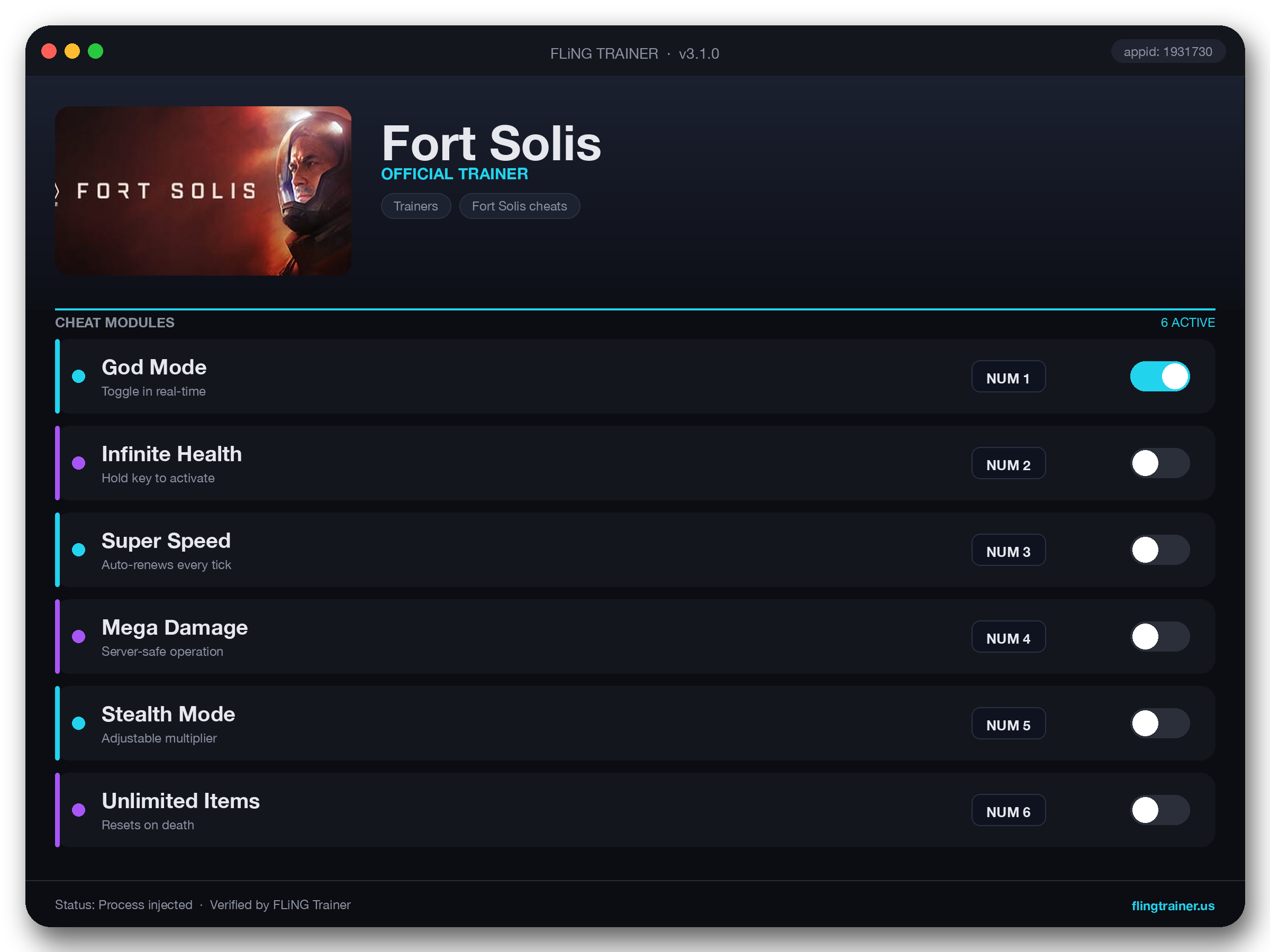 Fort Solis Trainer interface
