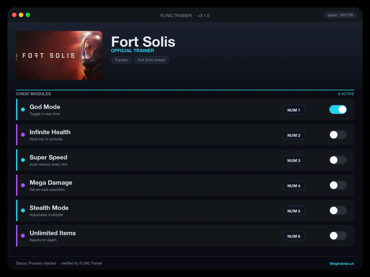 Fort Solis Trainer interface