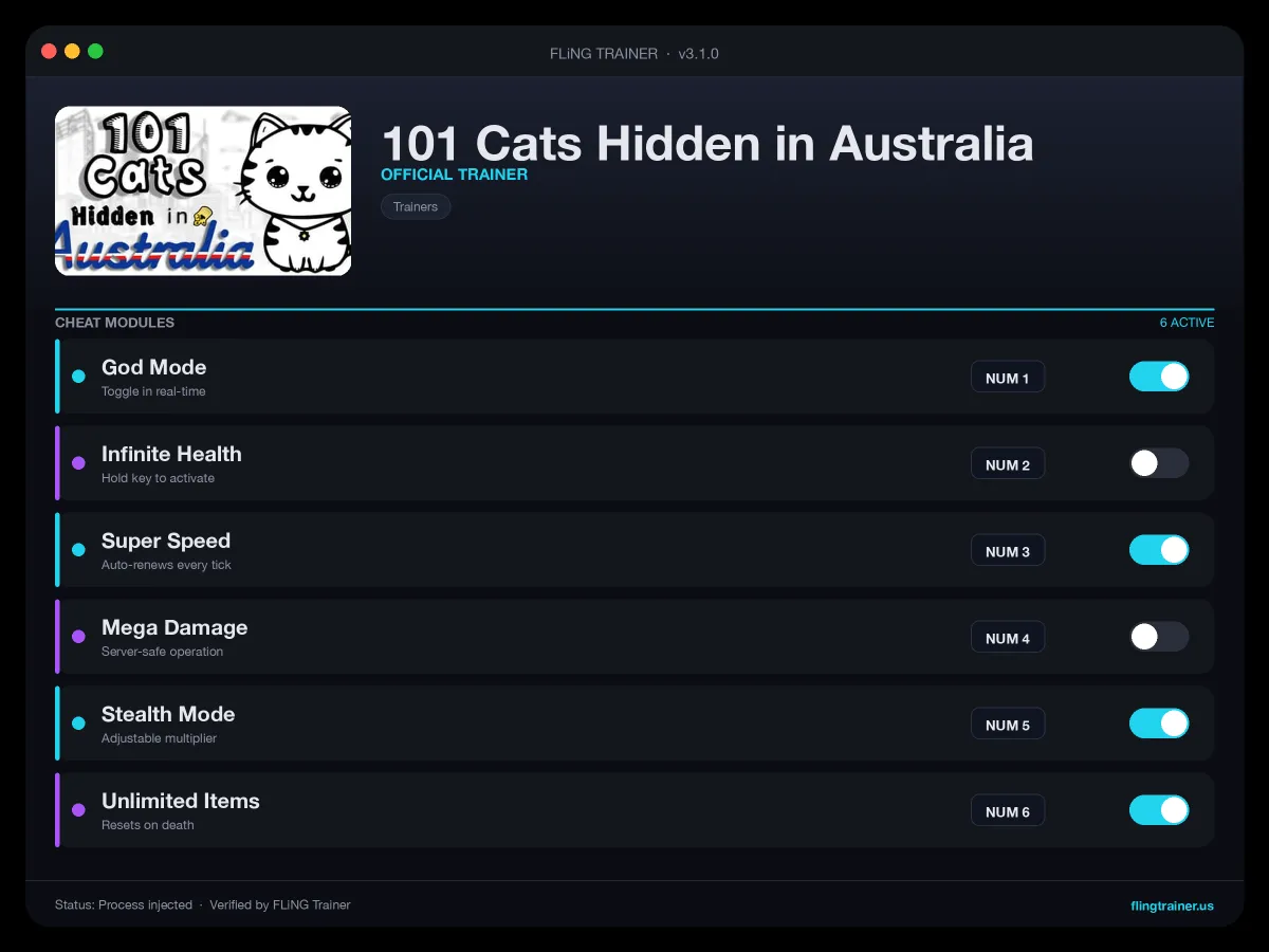 101 Cats Hidden in Australia Trainer interface