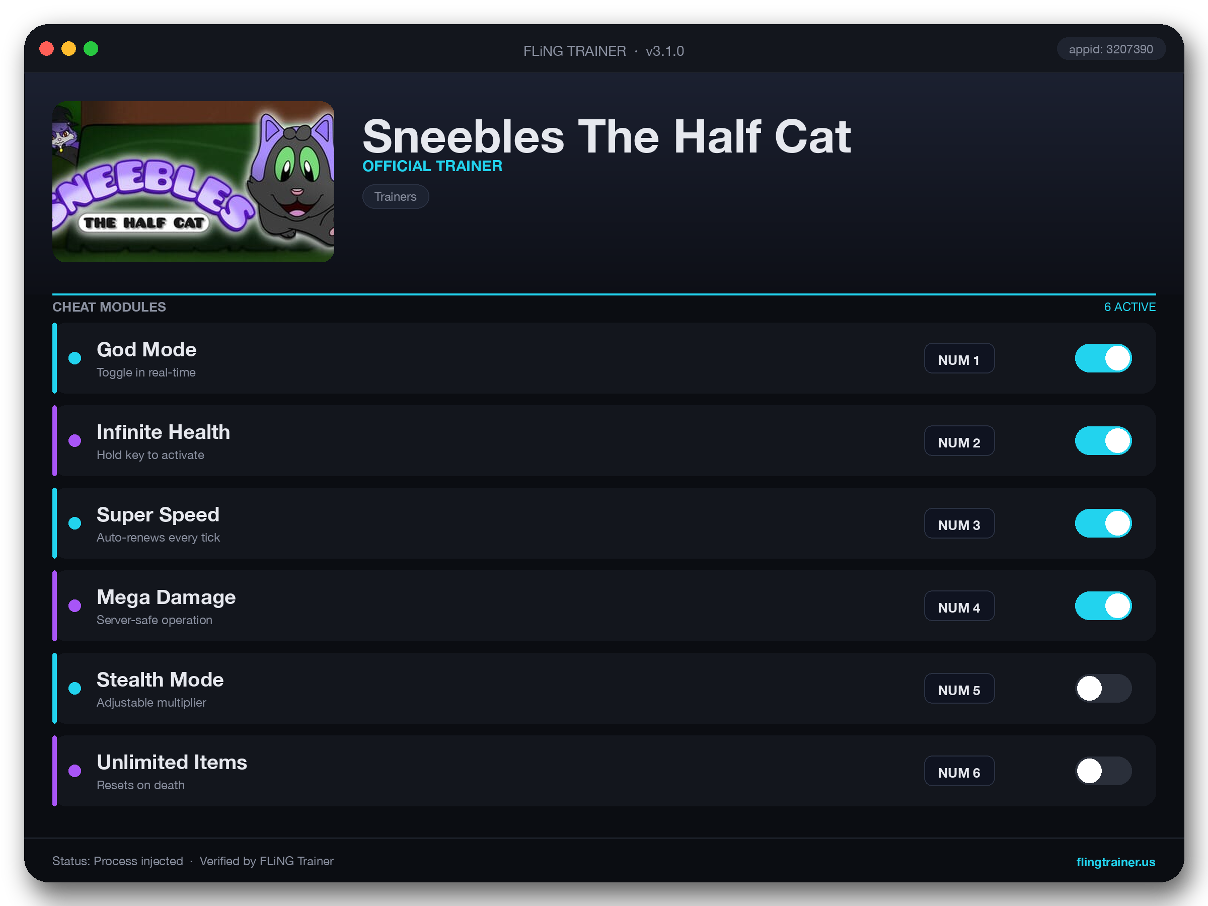 Sneebles The Half Cat Trainer interface