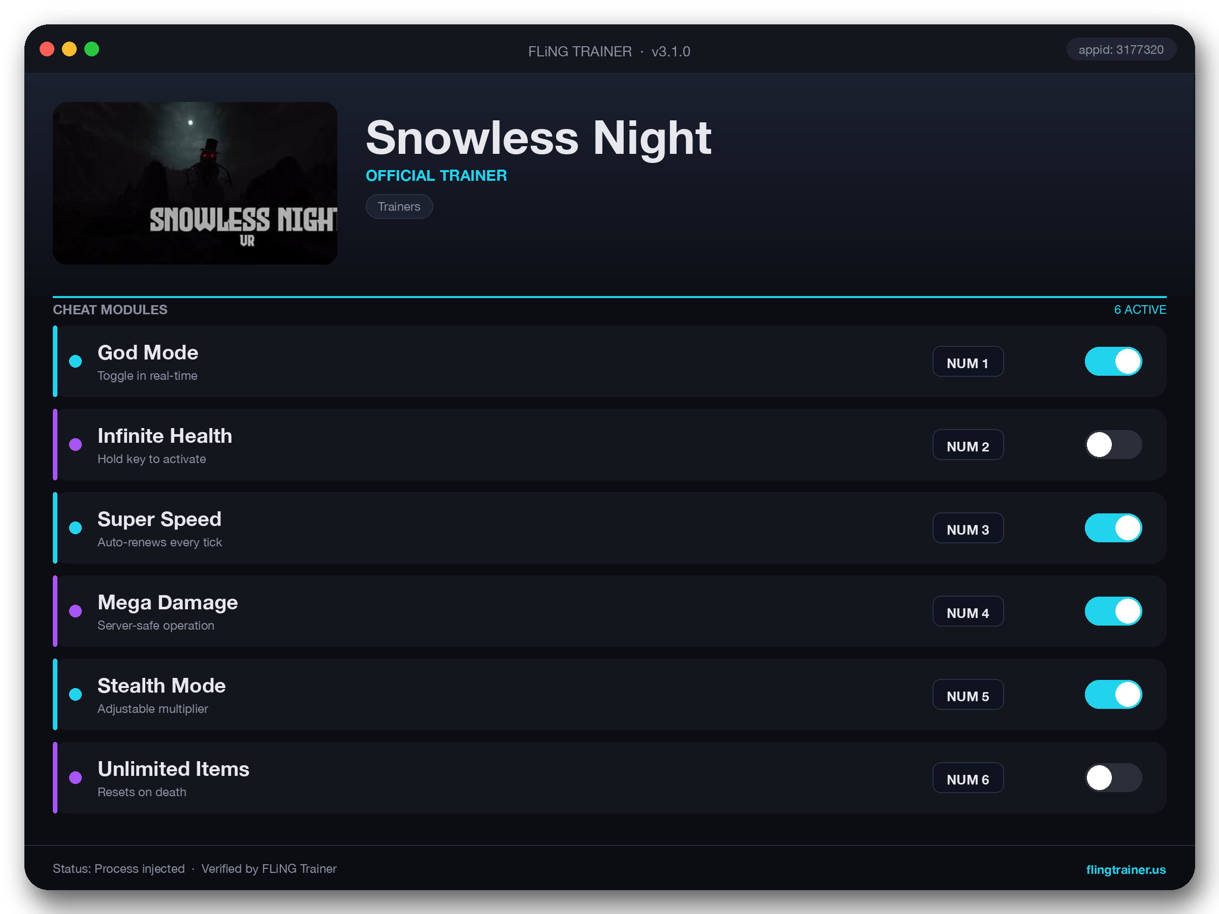 Snowless Night Trainer interface