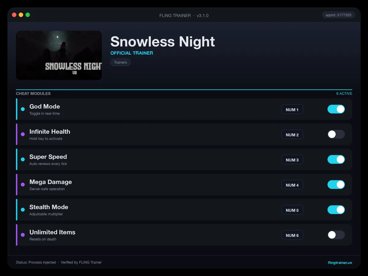Snowless Night Trainer interface