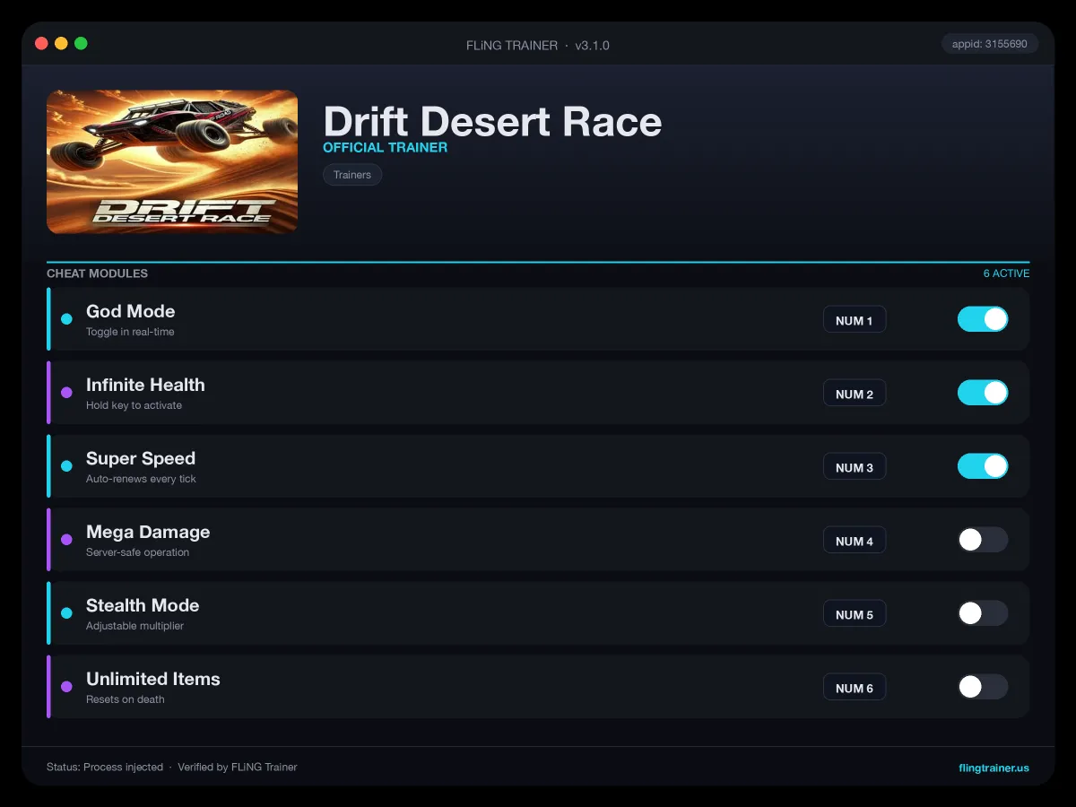 Drift Desert Race Trainer interface