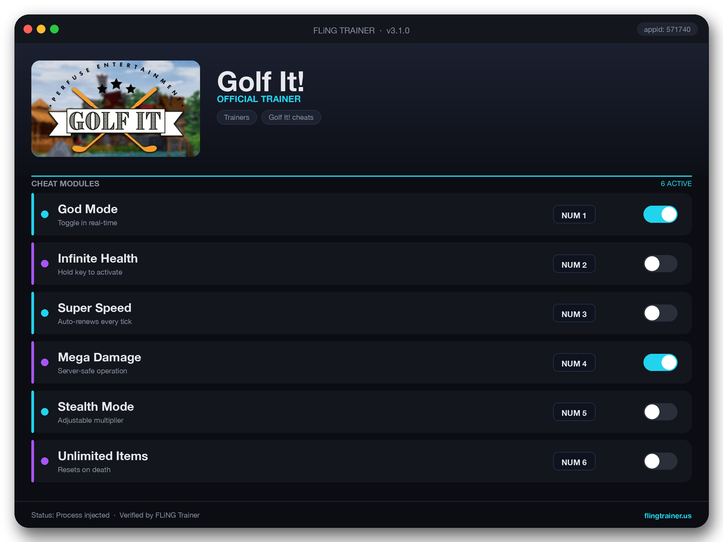 Golf It! Trainer interface
