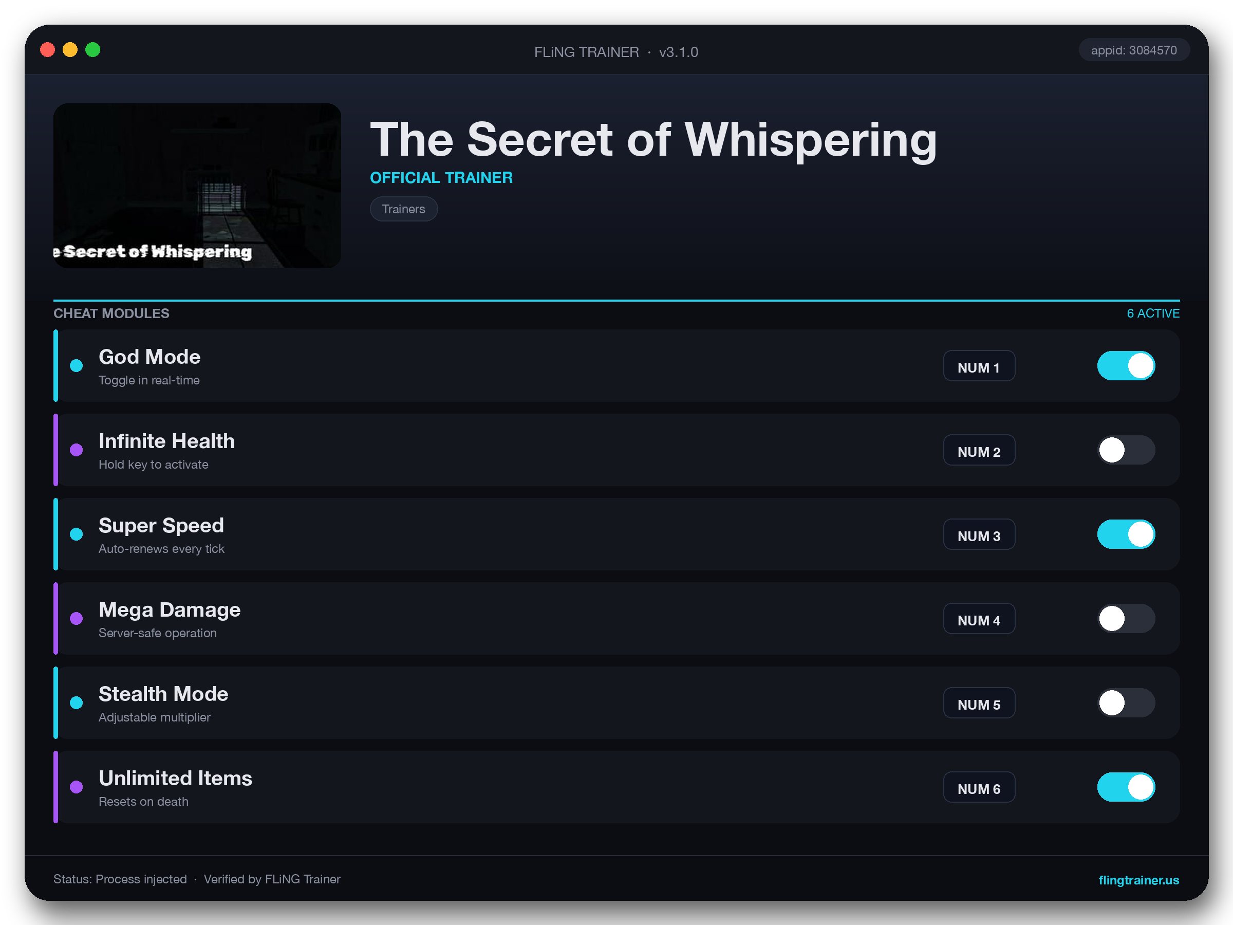 The Secret of Whispering Trainer interface