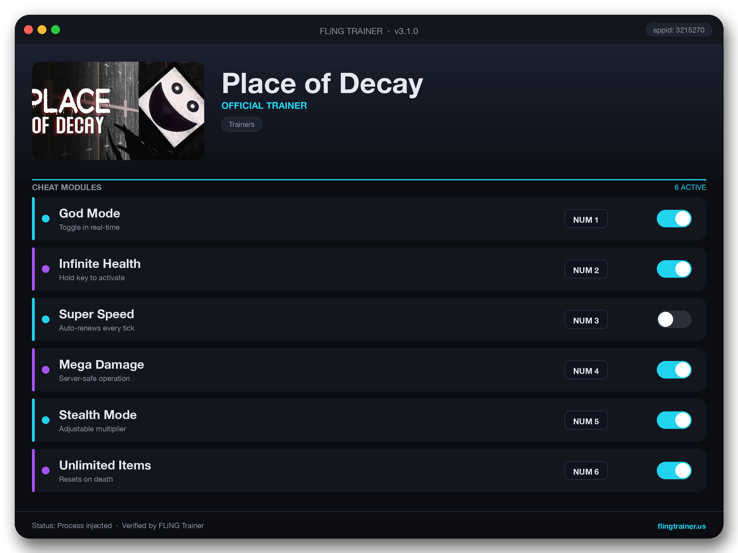Place of Decay Trainer interface