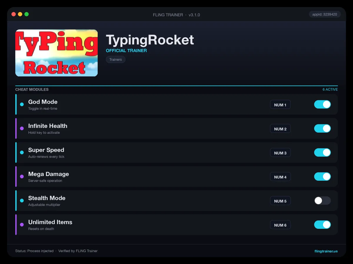 TypingRocket Trainer interface