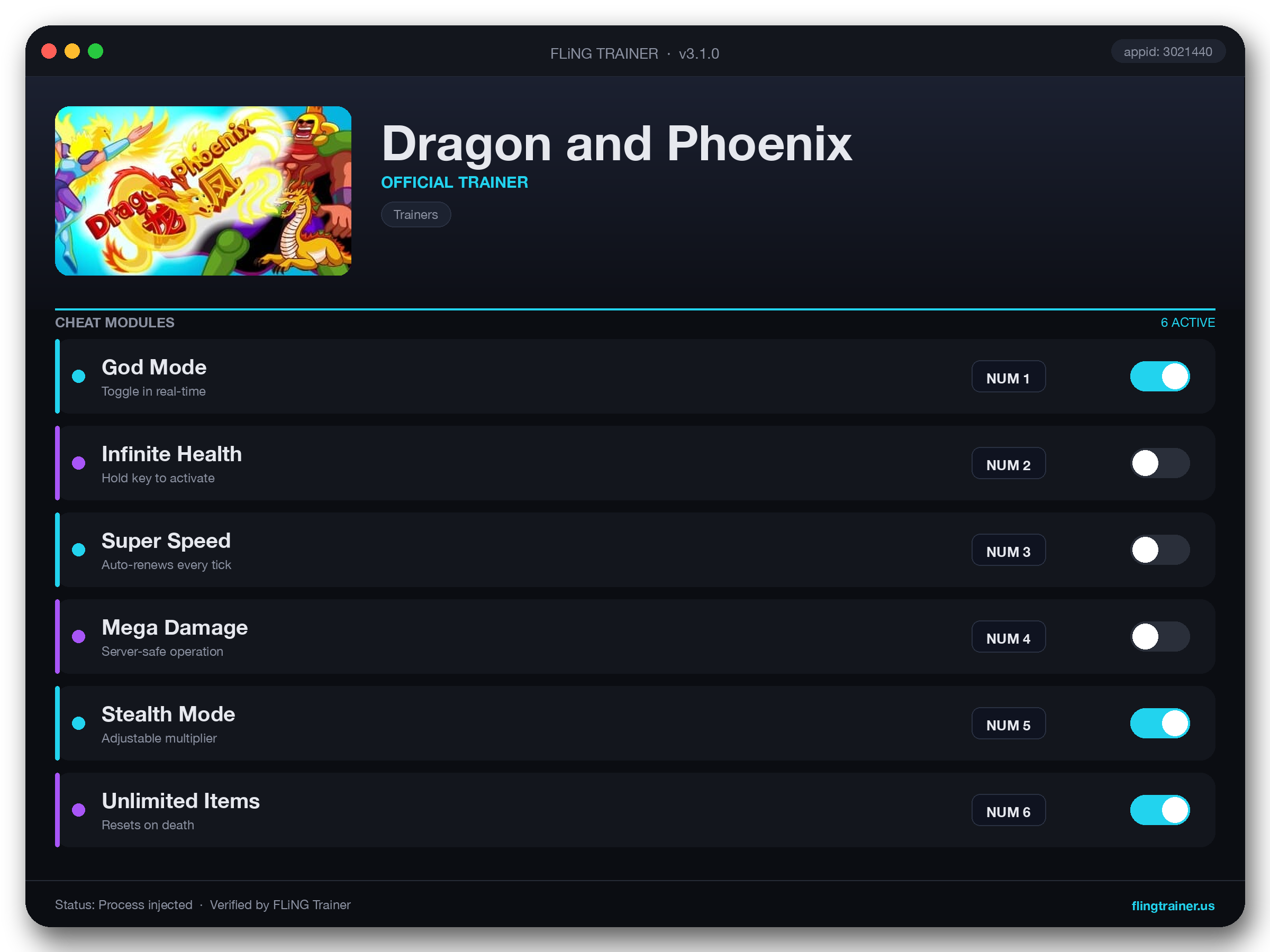 Dragon and Phoenix Trainer interface