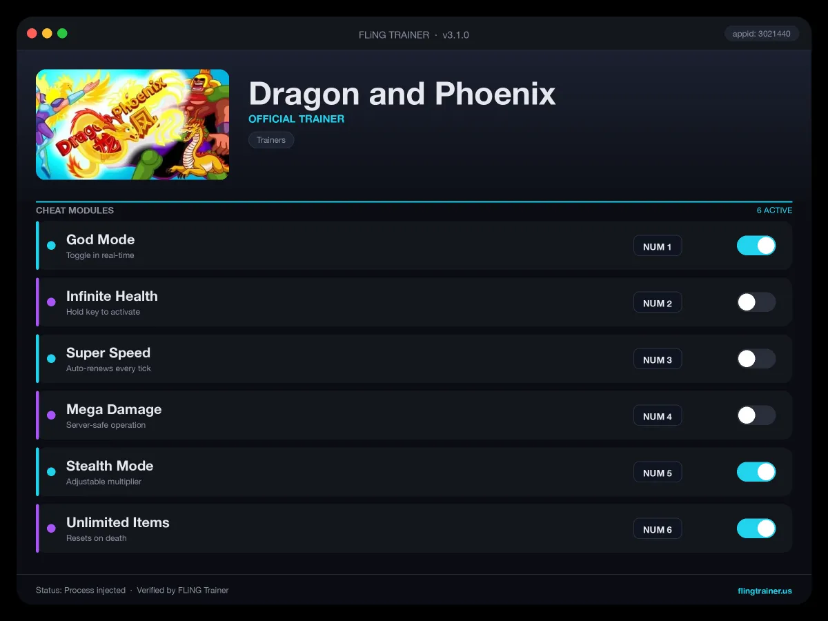 Dragon and Phoenix Trainer interface