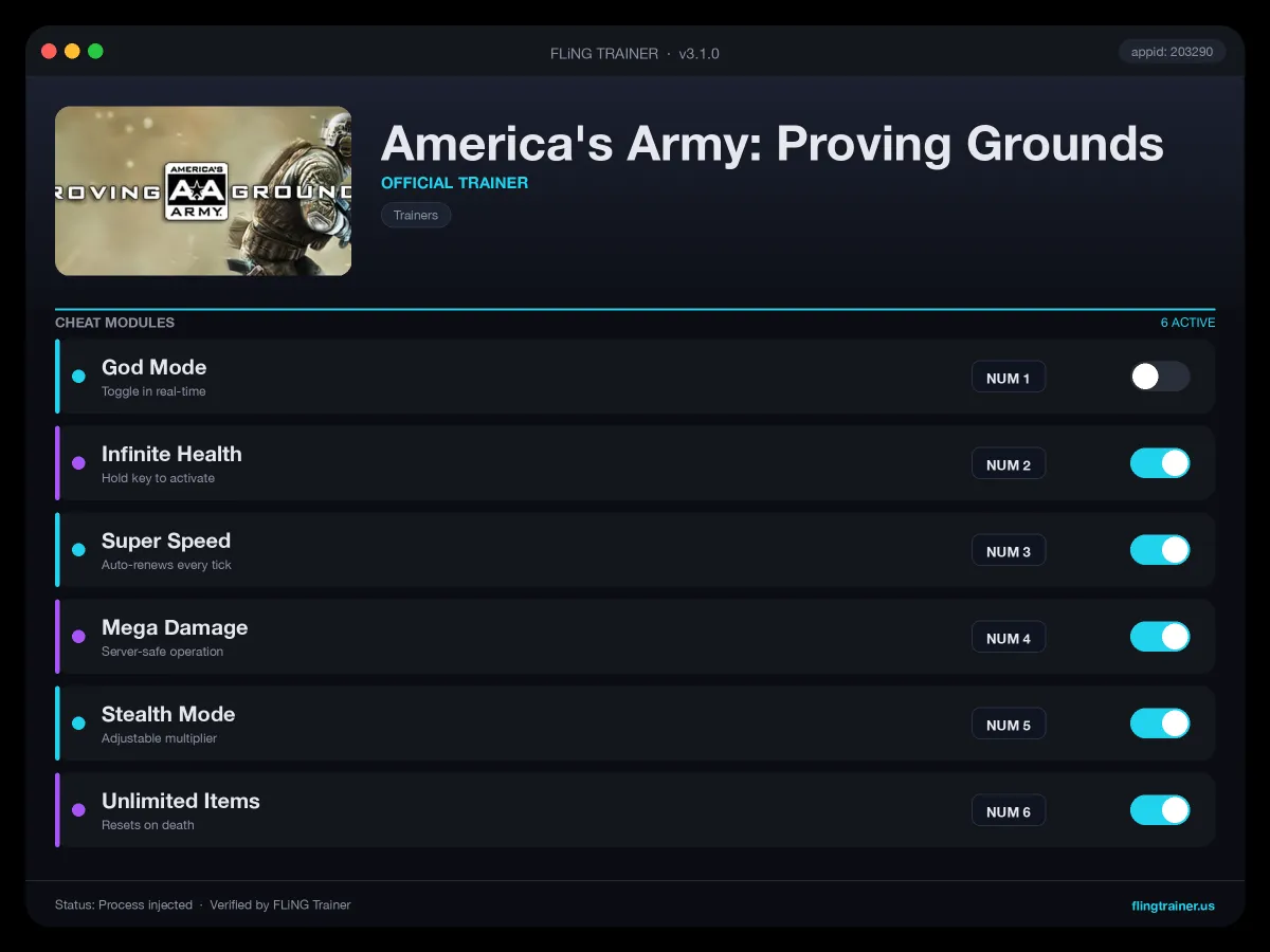 America's Army: Proving Grounds Trainer interface