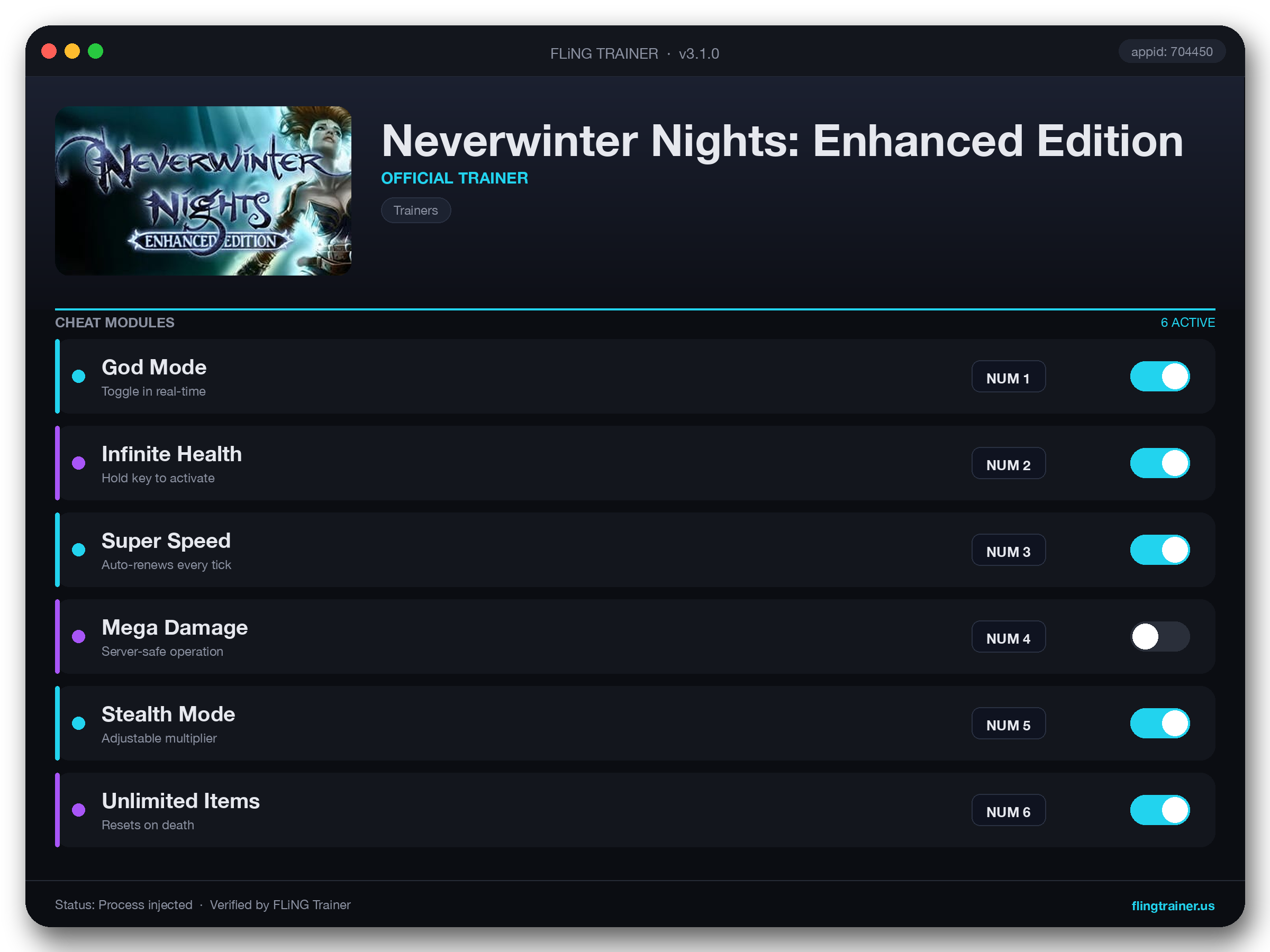 Neverwinter Nights: Enhanced Edition Trainer interface