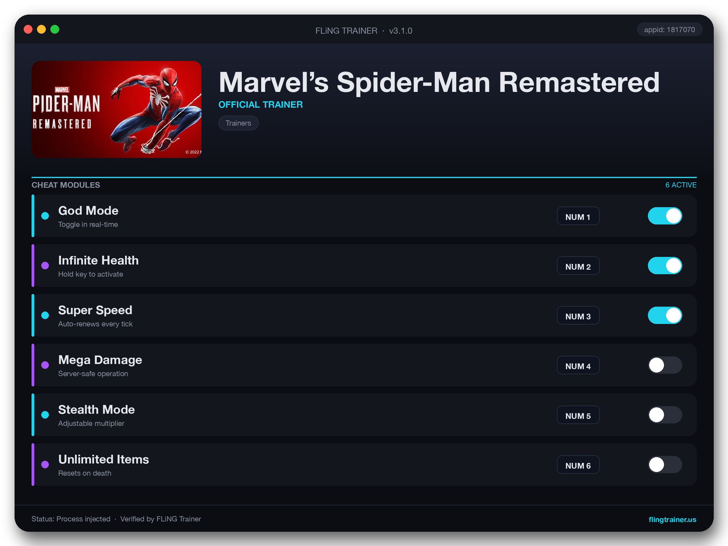 Marvel’s Spider-Man Remastered Trainer interface