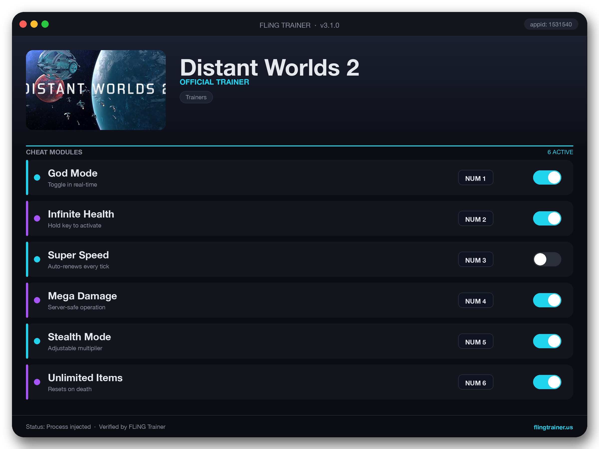Distant Worlds 2 Trainer interface