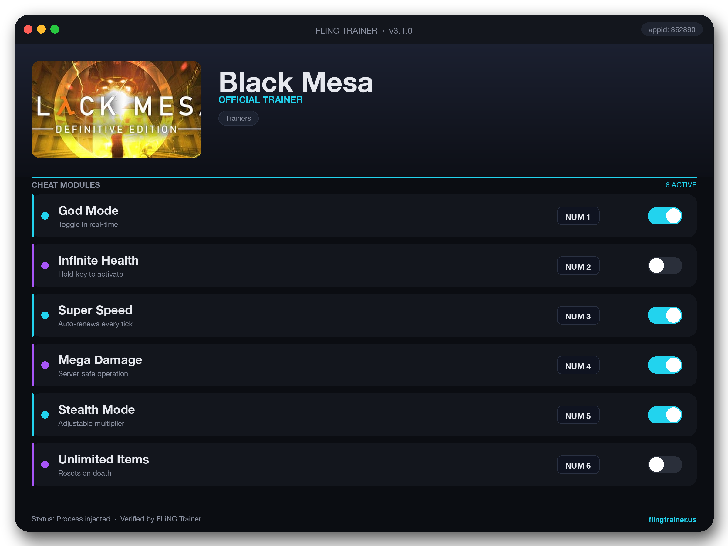 Black Mesa Trainer interface