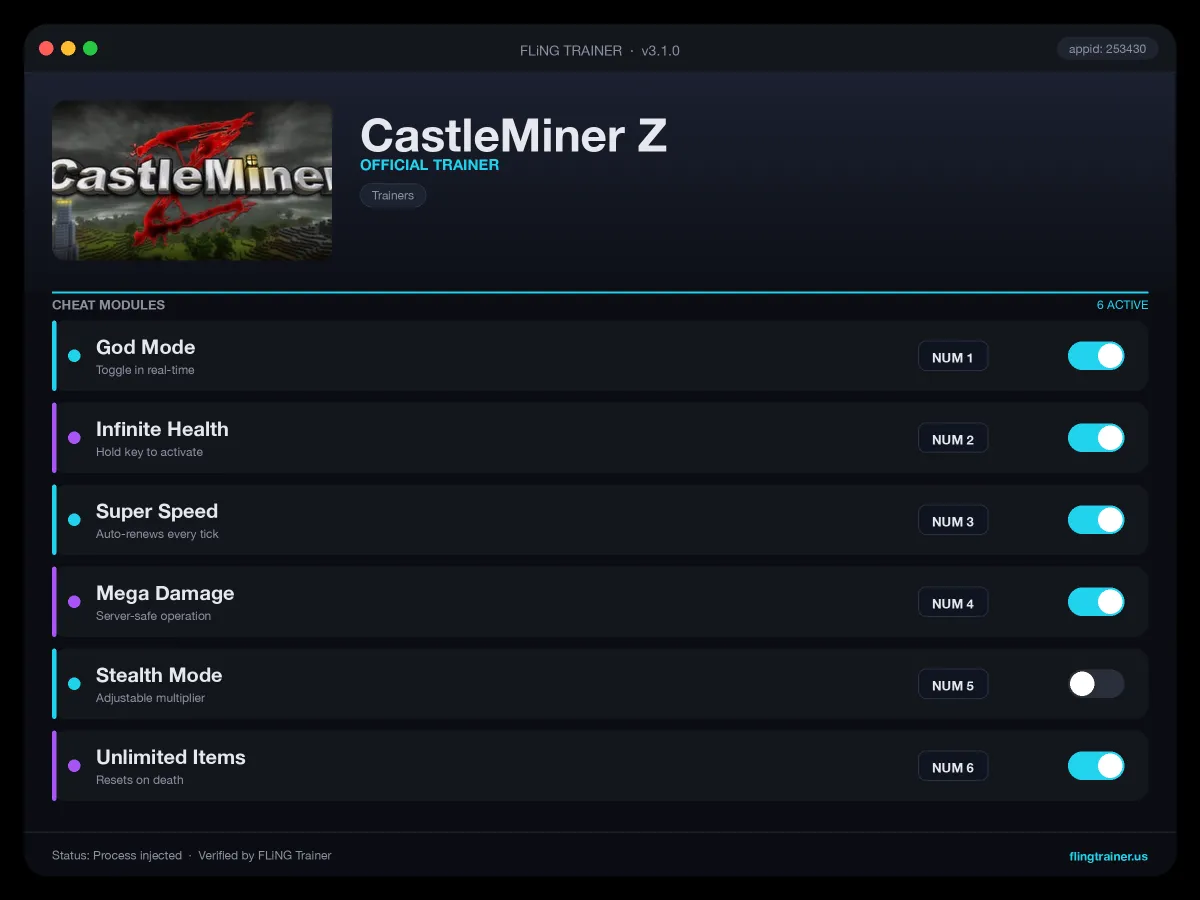 CastleMiner Z Trainer interface