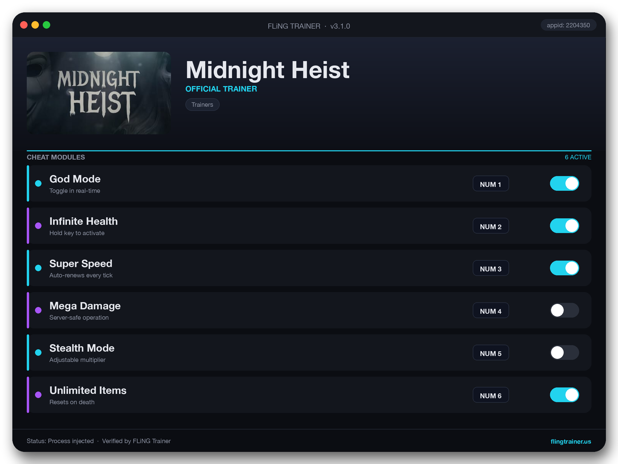 Midnight Heist Trainer interface