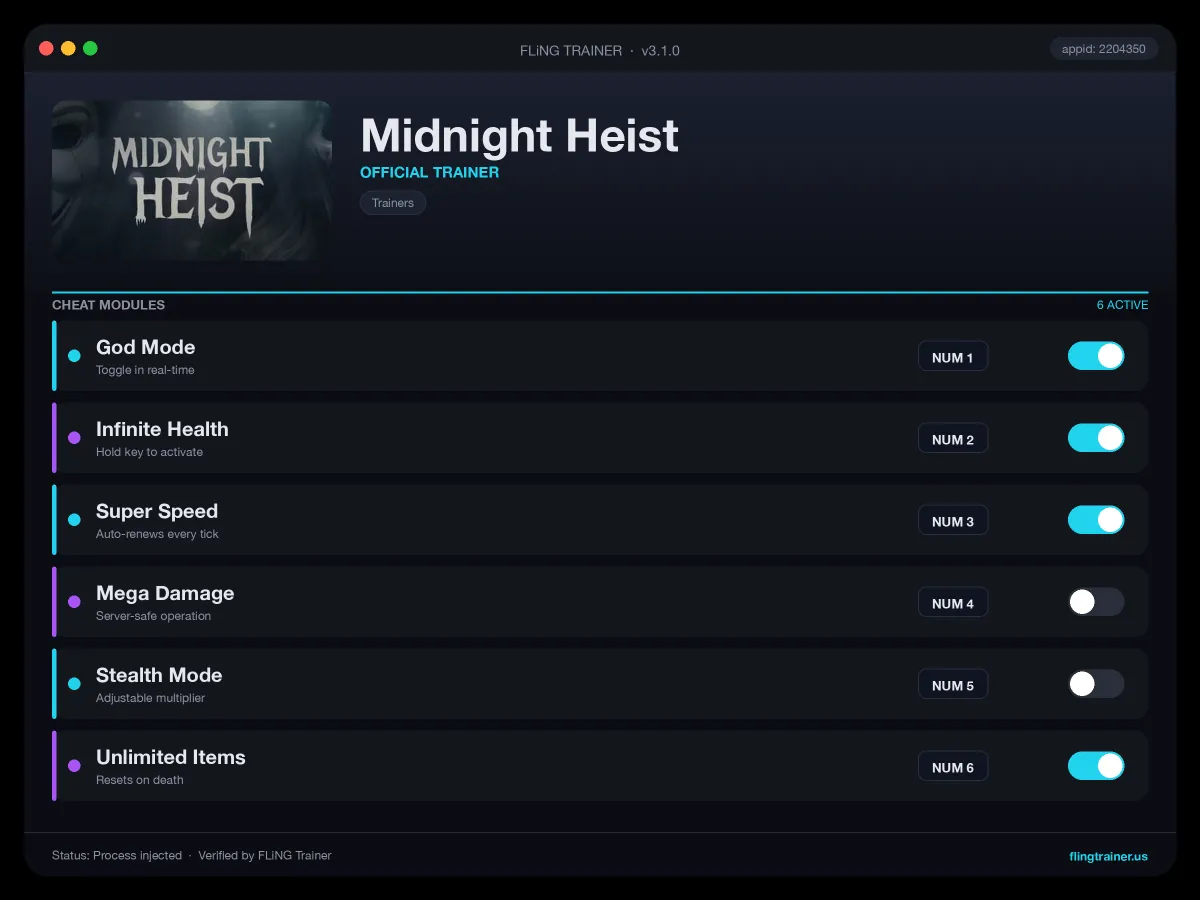 Midnight Heist Trainer interface
