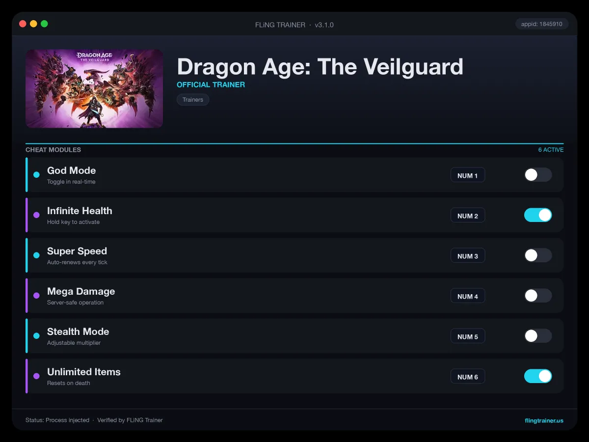 Dragon Age: The Veilguard Trainer interface