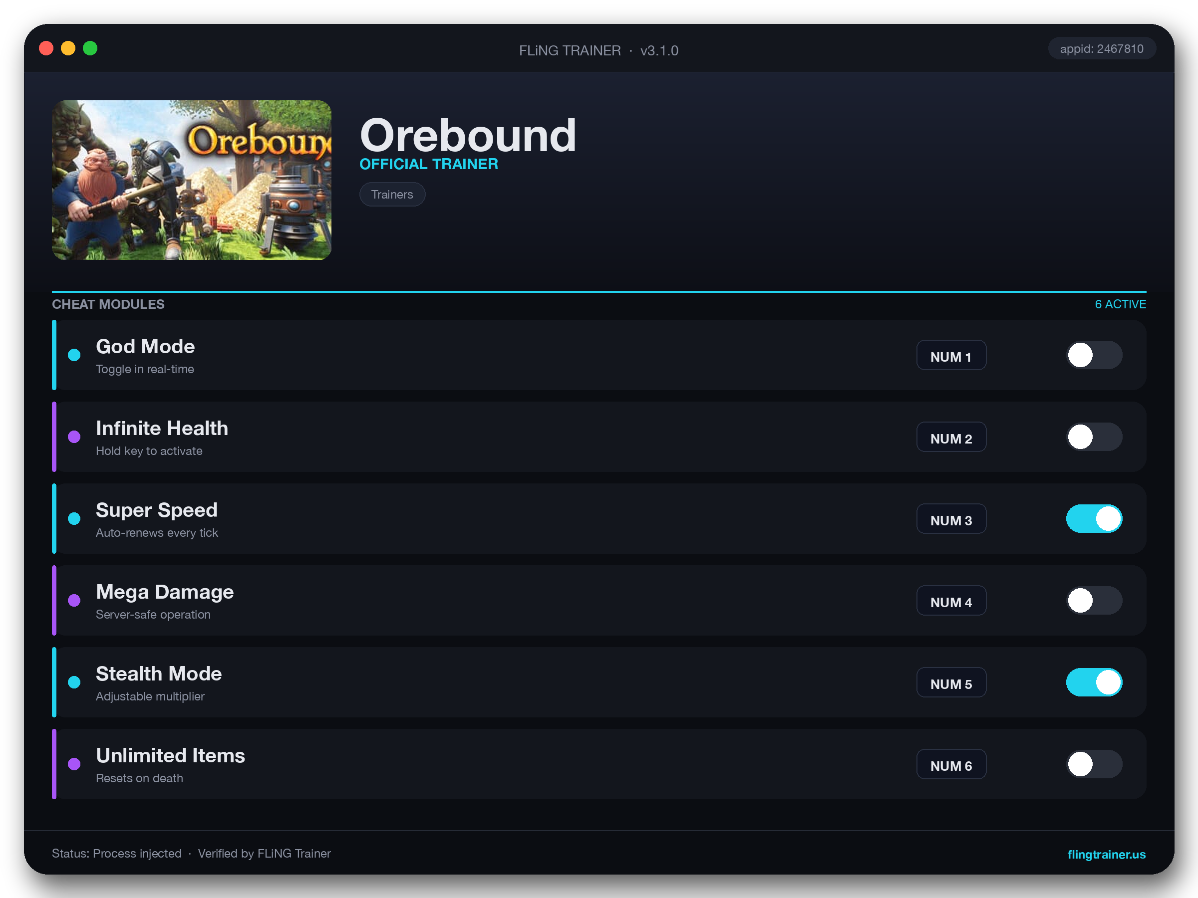 Orebound Trainer interface