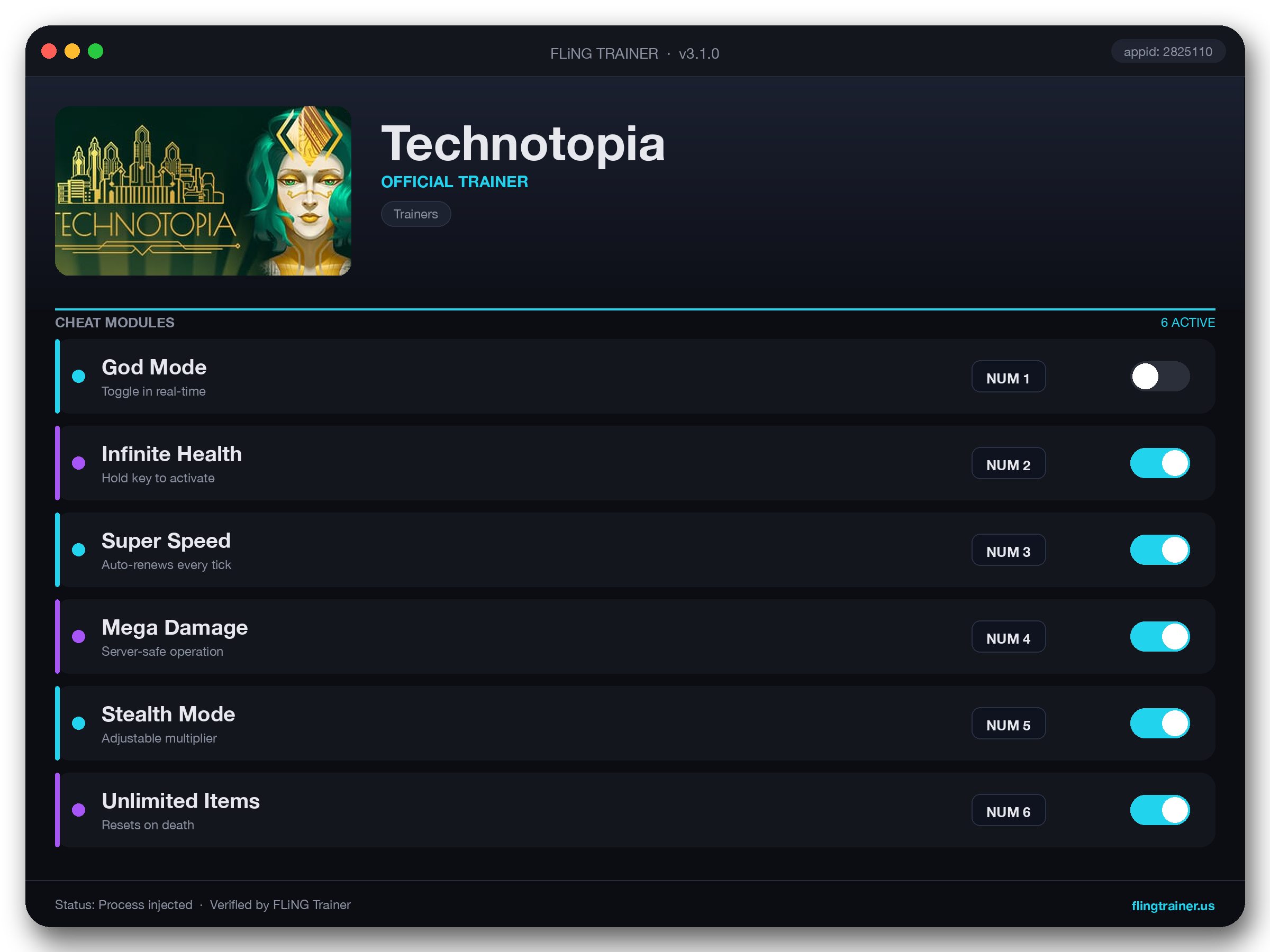 Technotopia Trainer interface