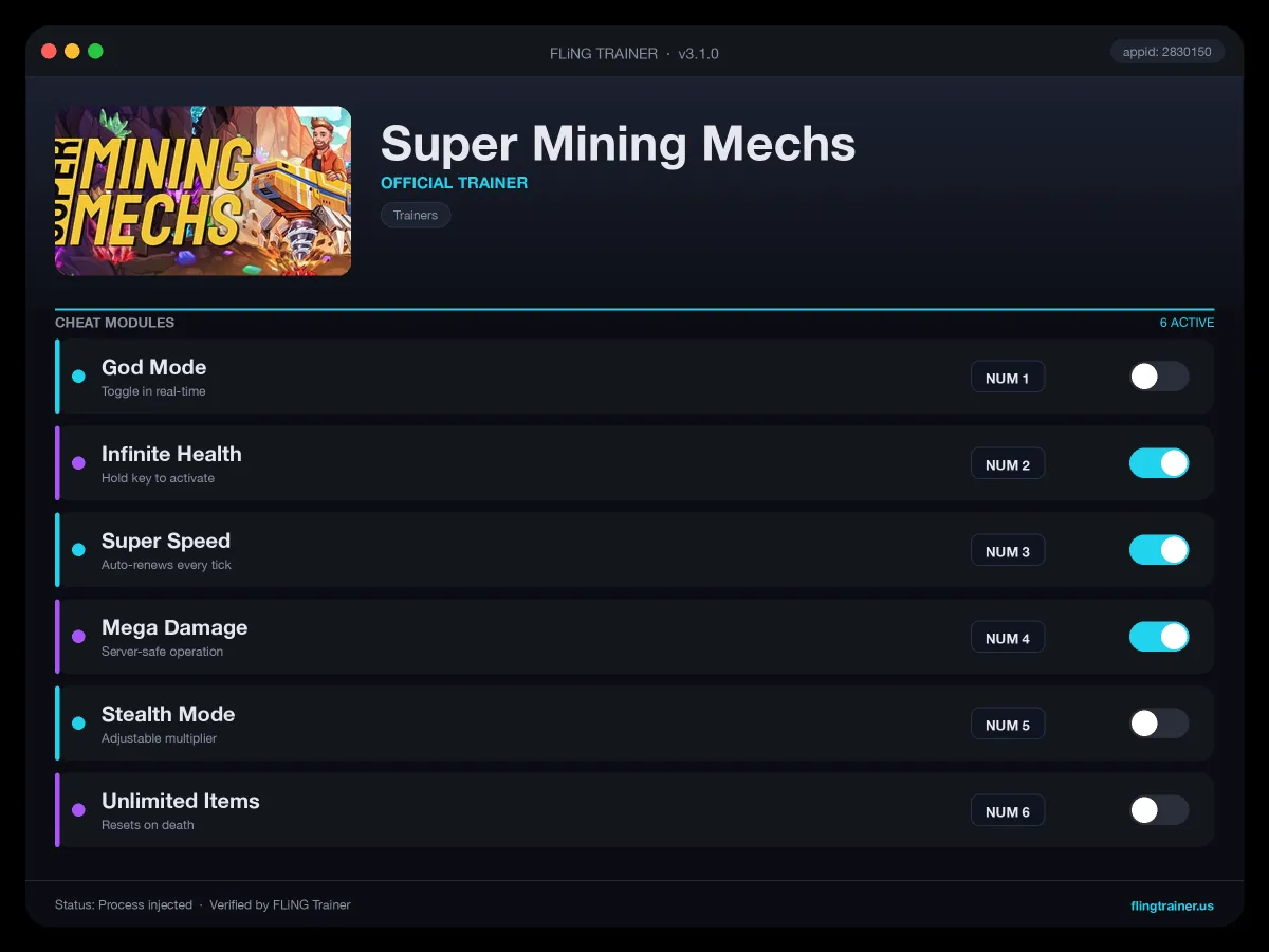 Super Mining Mechs Trainer interface