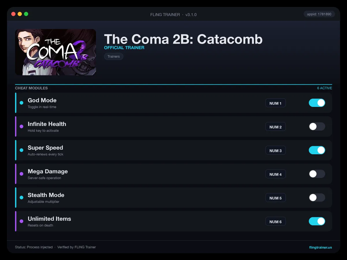 The Coma 2B: Catacomb Trainer interface