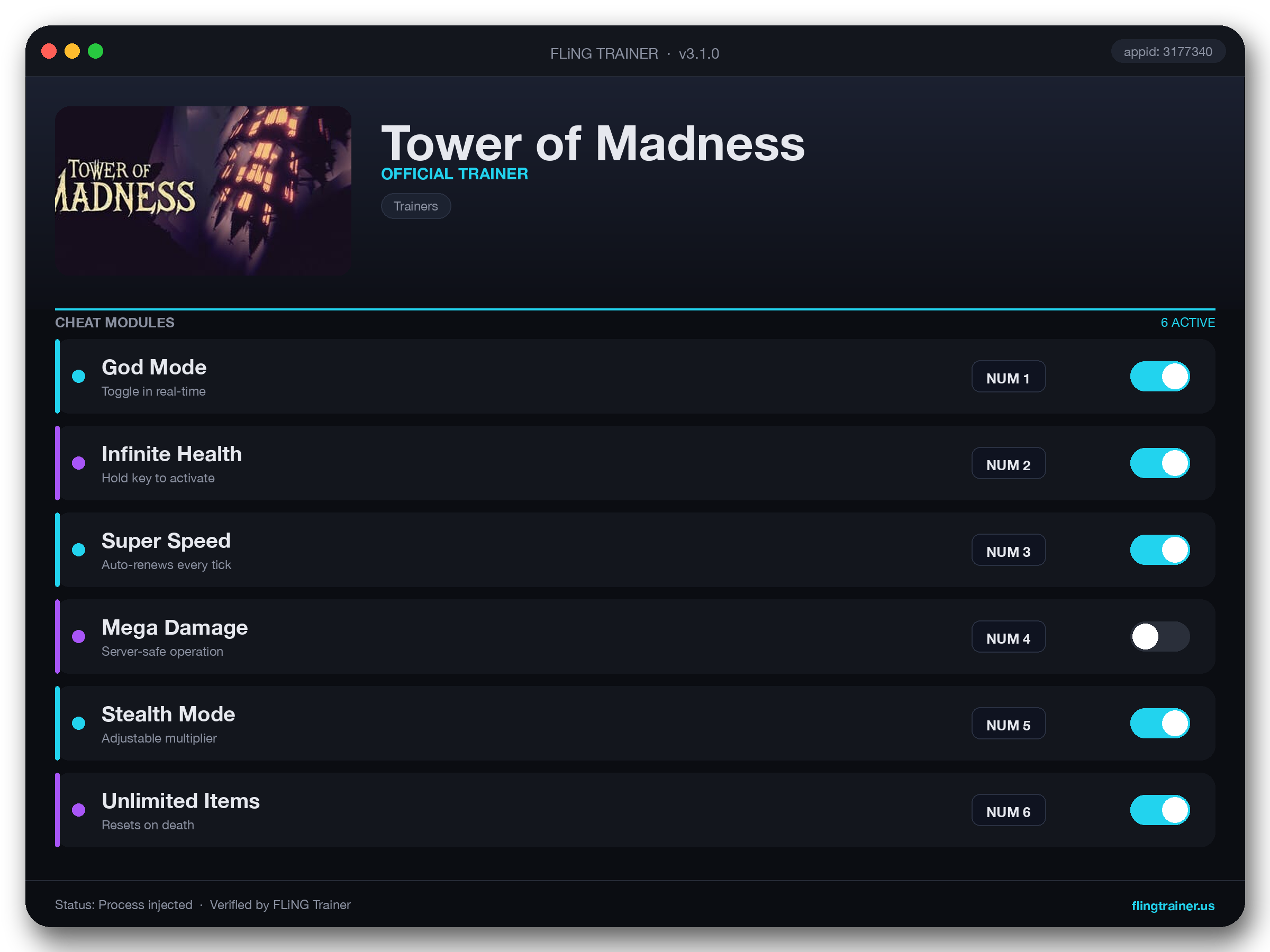 Tower of Madness Trainer interface