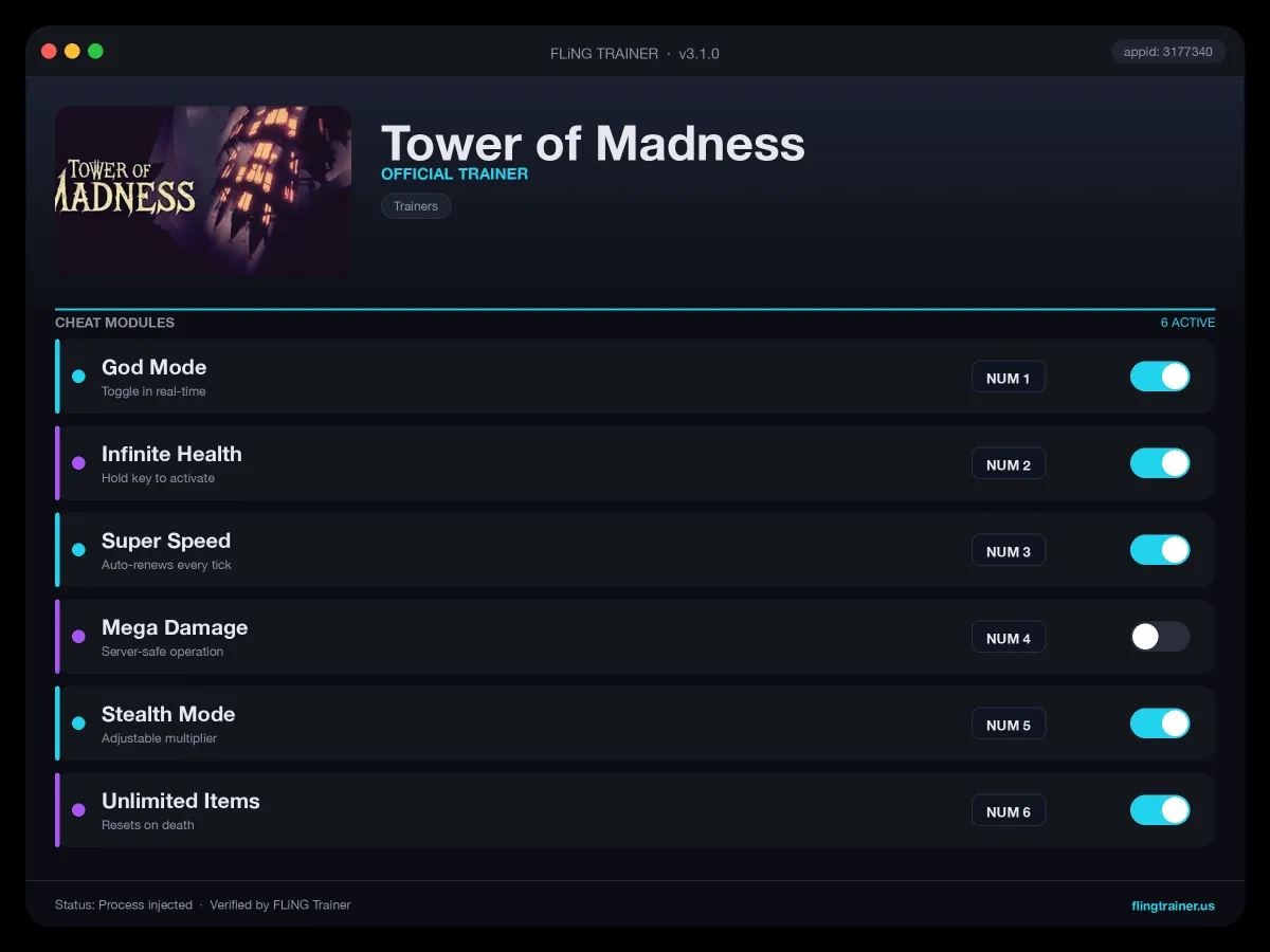 Tower of Madness Trainer interface