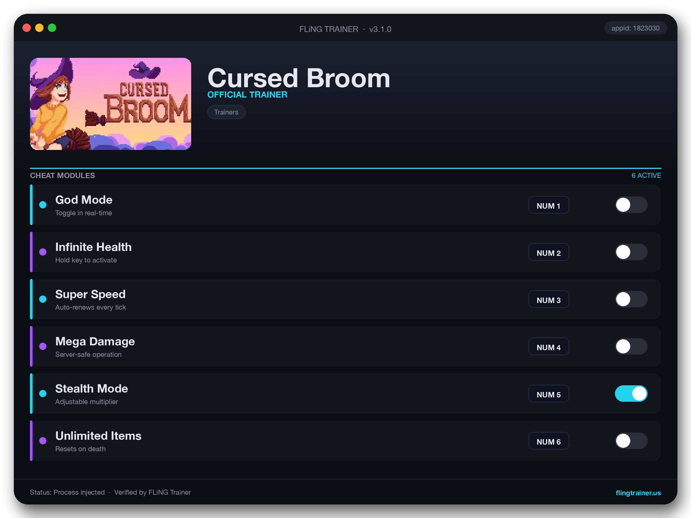 Cursed Broom Trainer interface