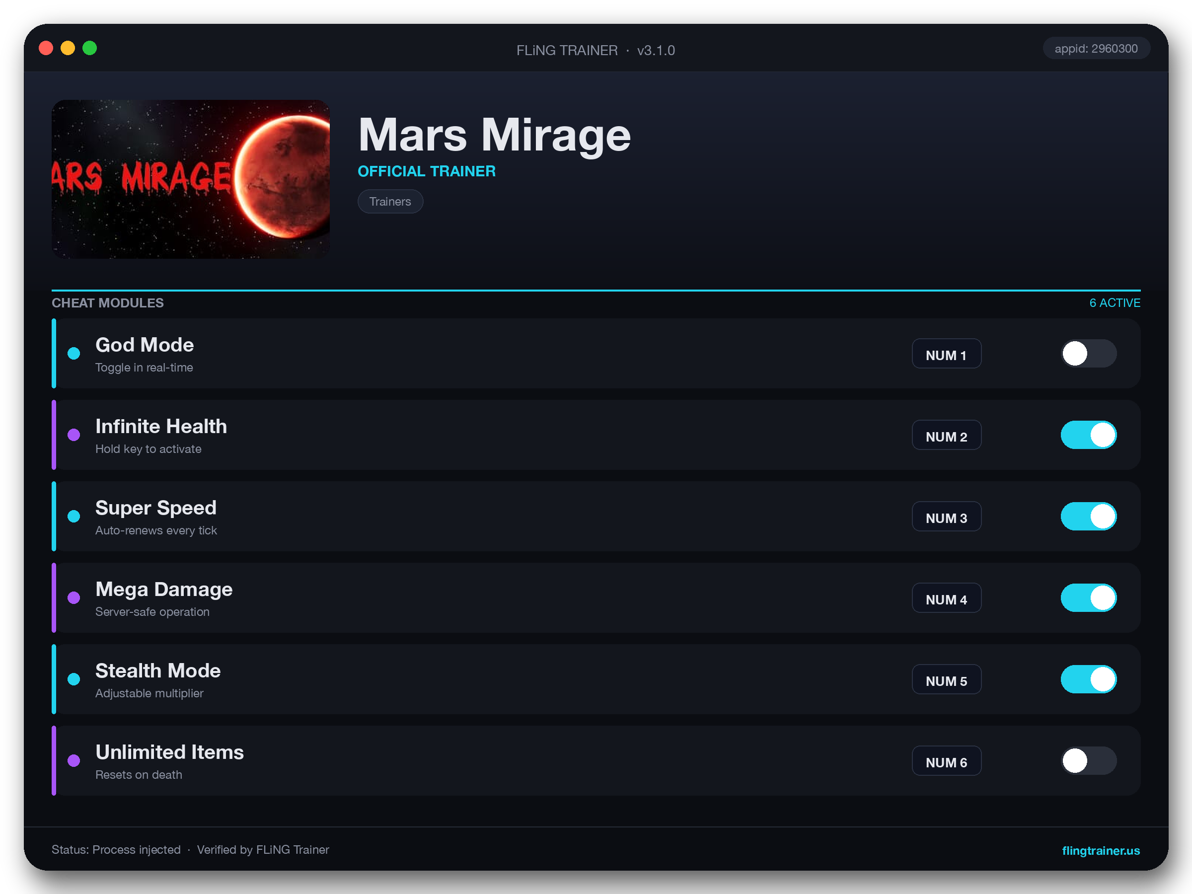 Mars Mirage Trainer interface