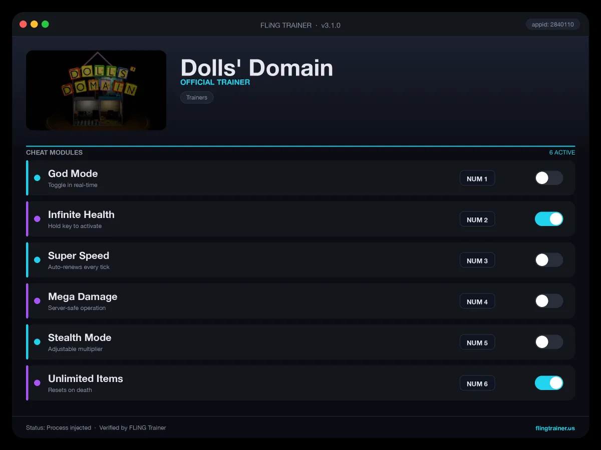Dolls' Domain Trainer interface