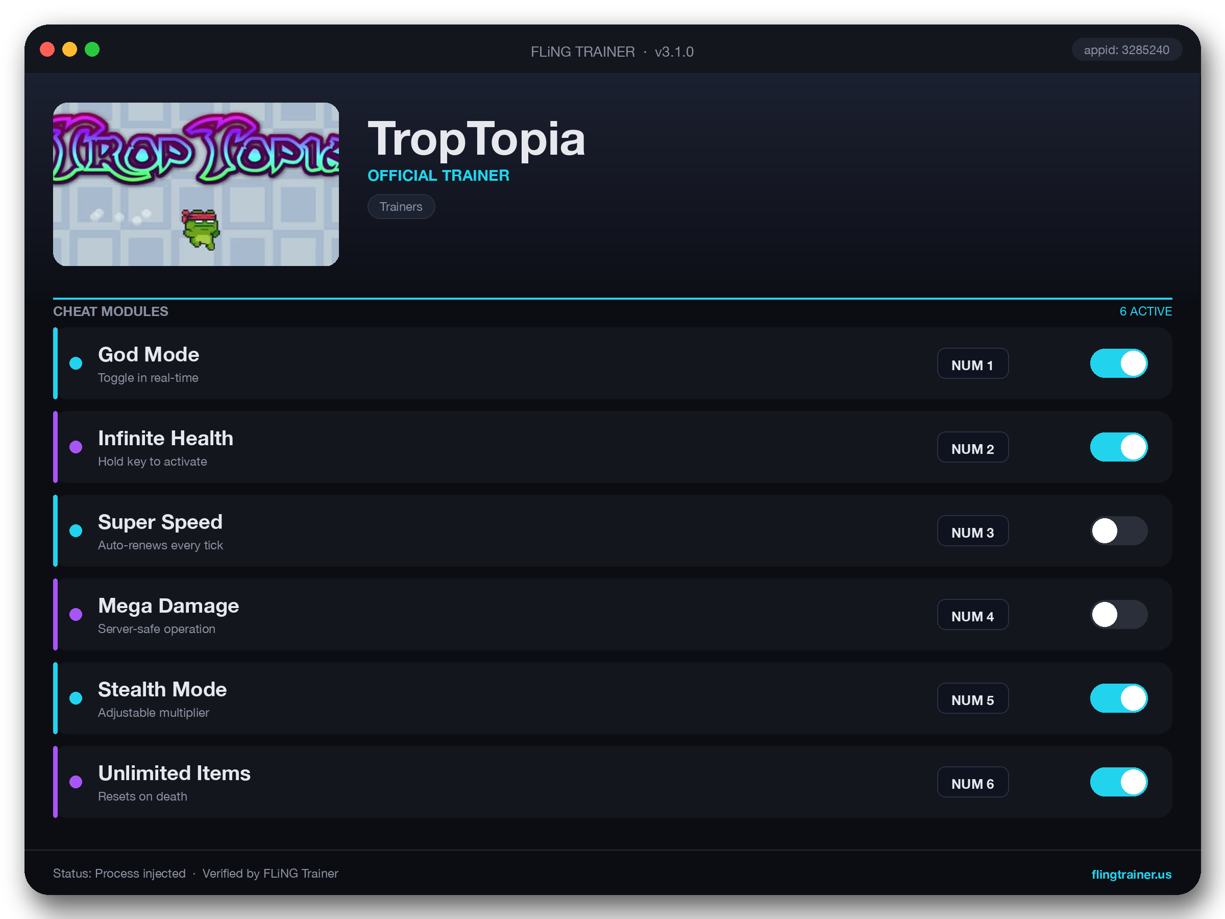 TropTopia Trainer interface