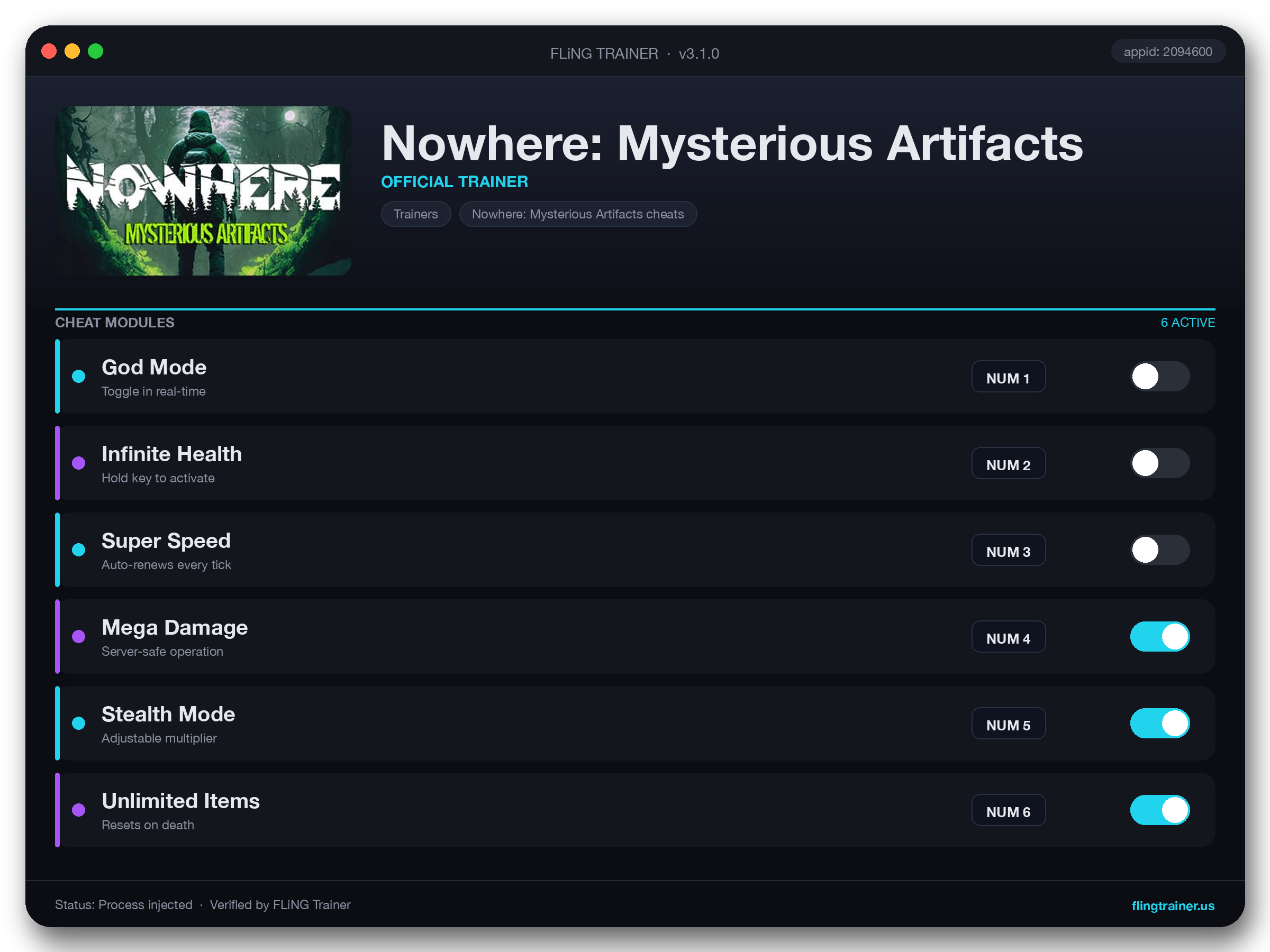 Nowhere: Mysterious Artifacts Trainer interface