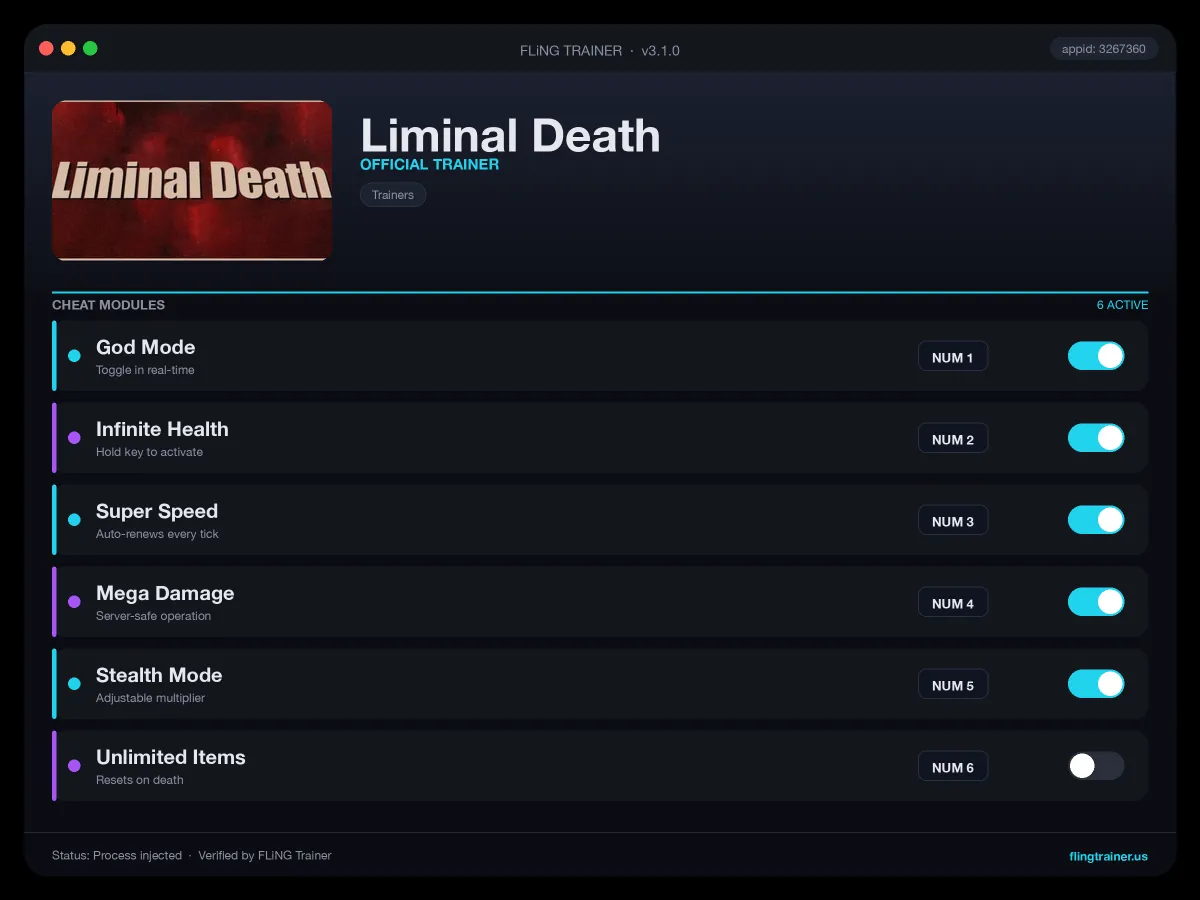 Liminal Death Trainer interface