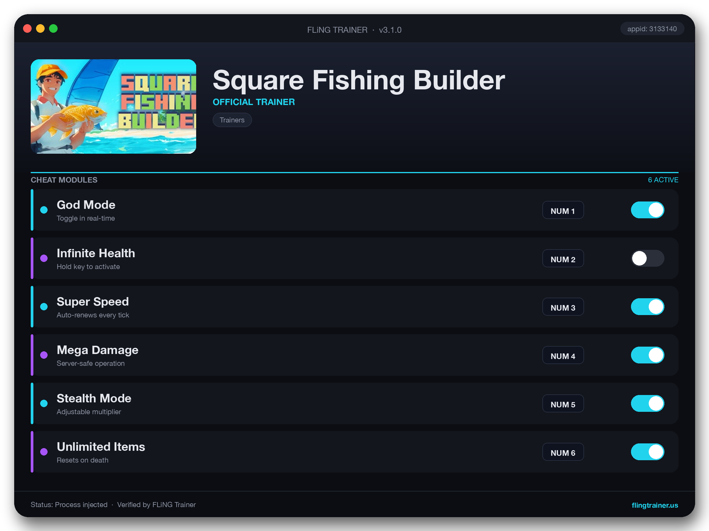 Square Fishing Builder Trainer interface