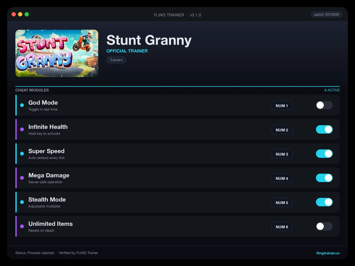 Stunt Granny Trainer interface