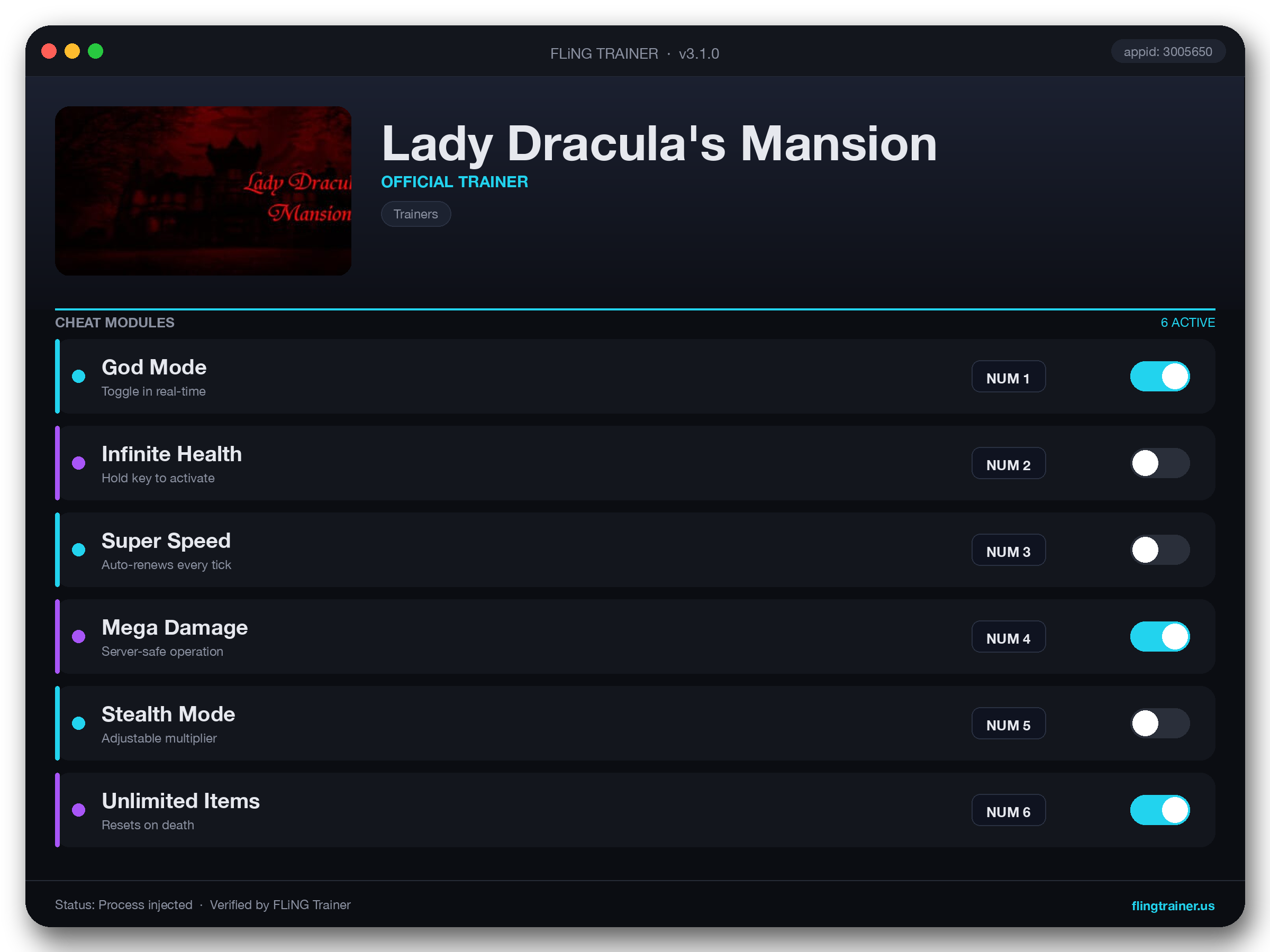 Lady Dracula's Mansion Trainer interface