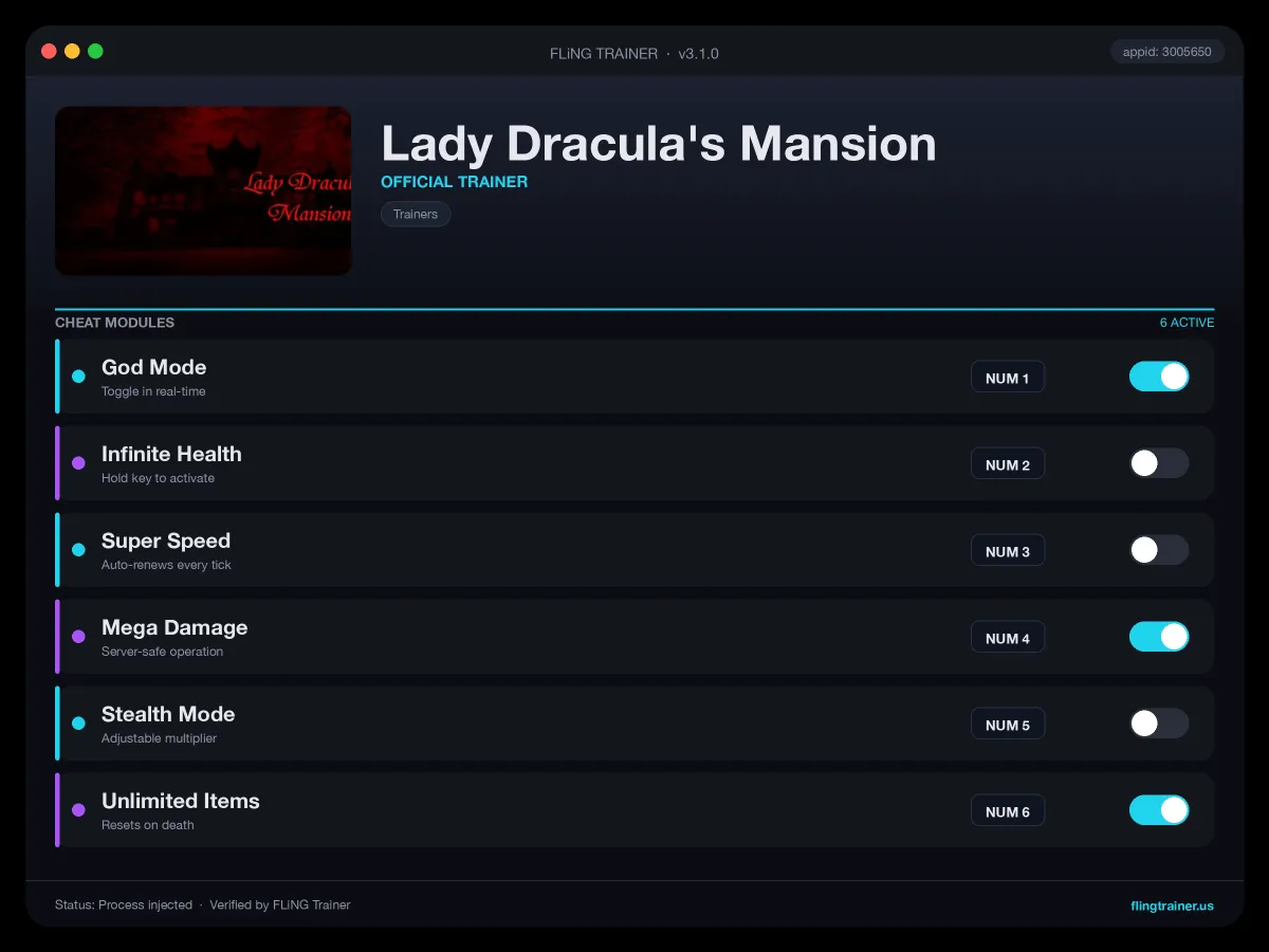 Lady Dracula's Mansion Trainer interface