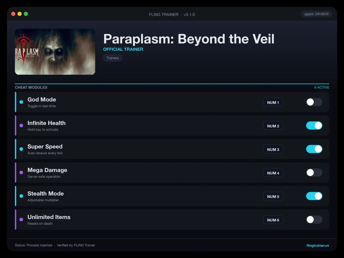 Paraplasm: Beyond the Veil Trainer interface