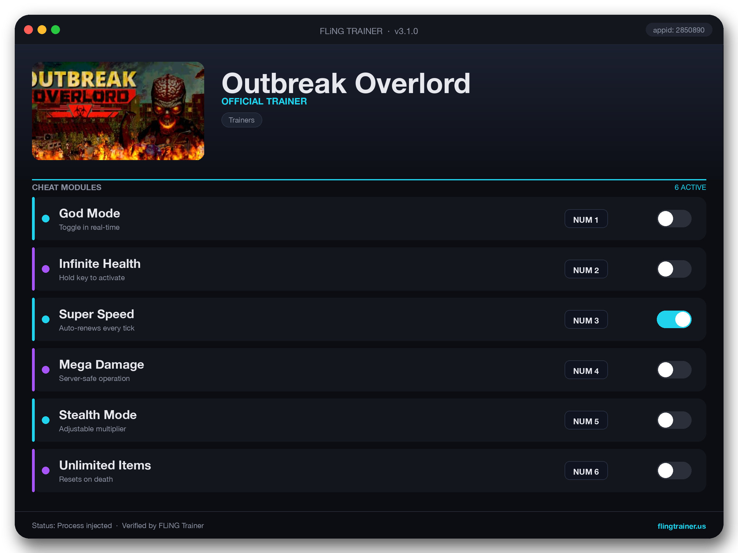 Outbreak Overlord Trainer interface
