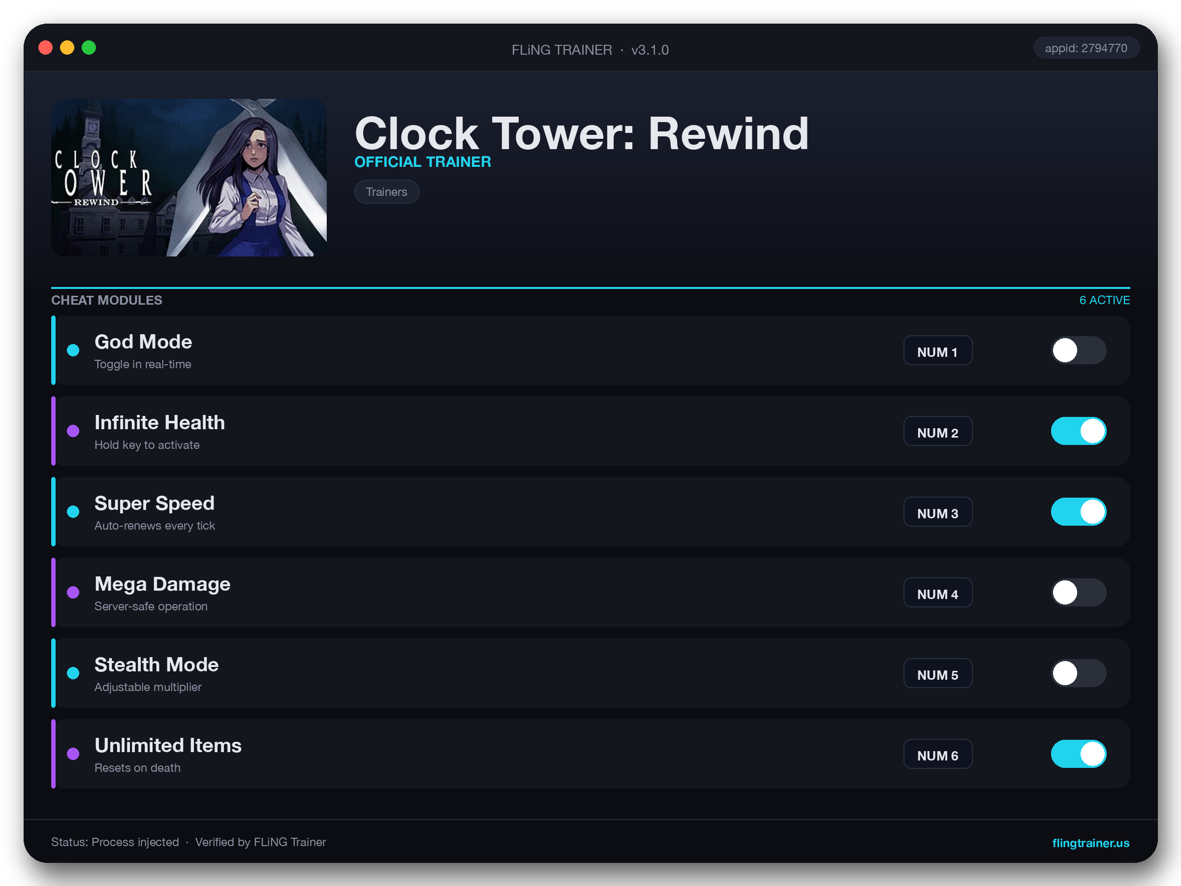 Clock Tower: Rewind Trainer interface
