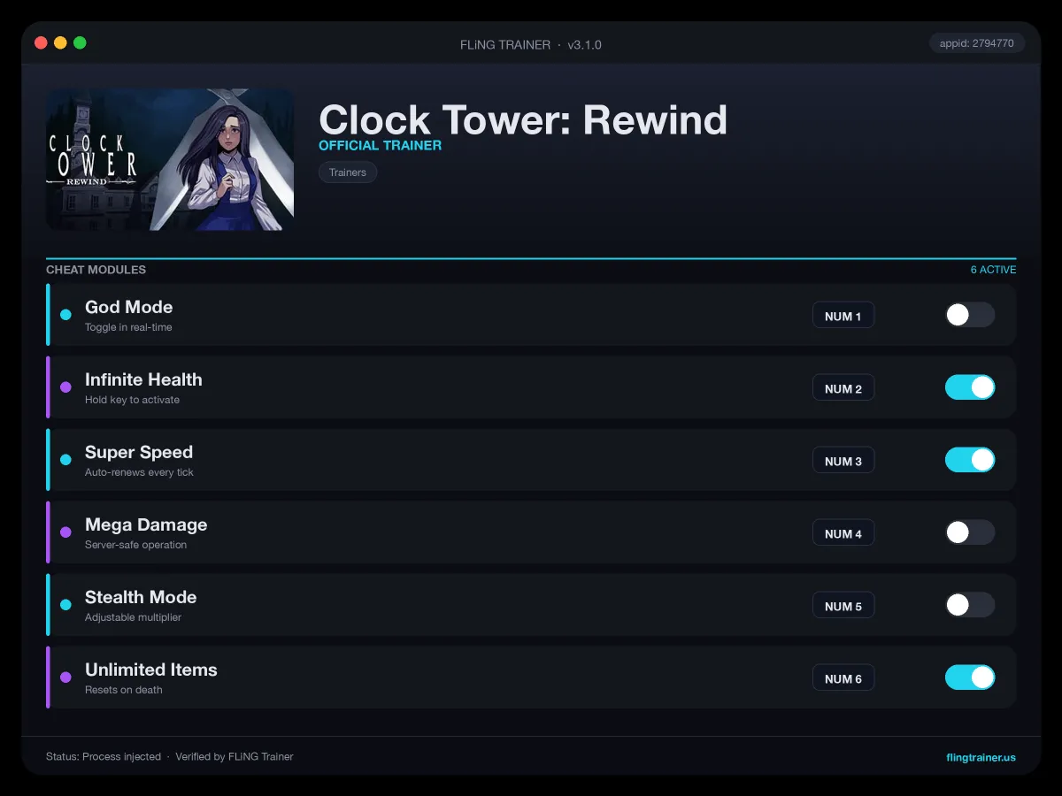 Clock Tower: Rewind Trainer interface