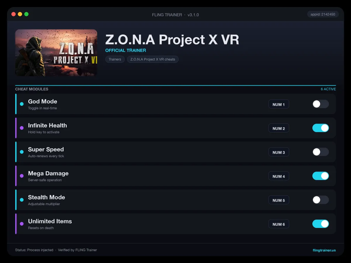 Z.O.N.A Project X VR Trainer interface