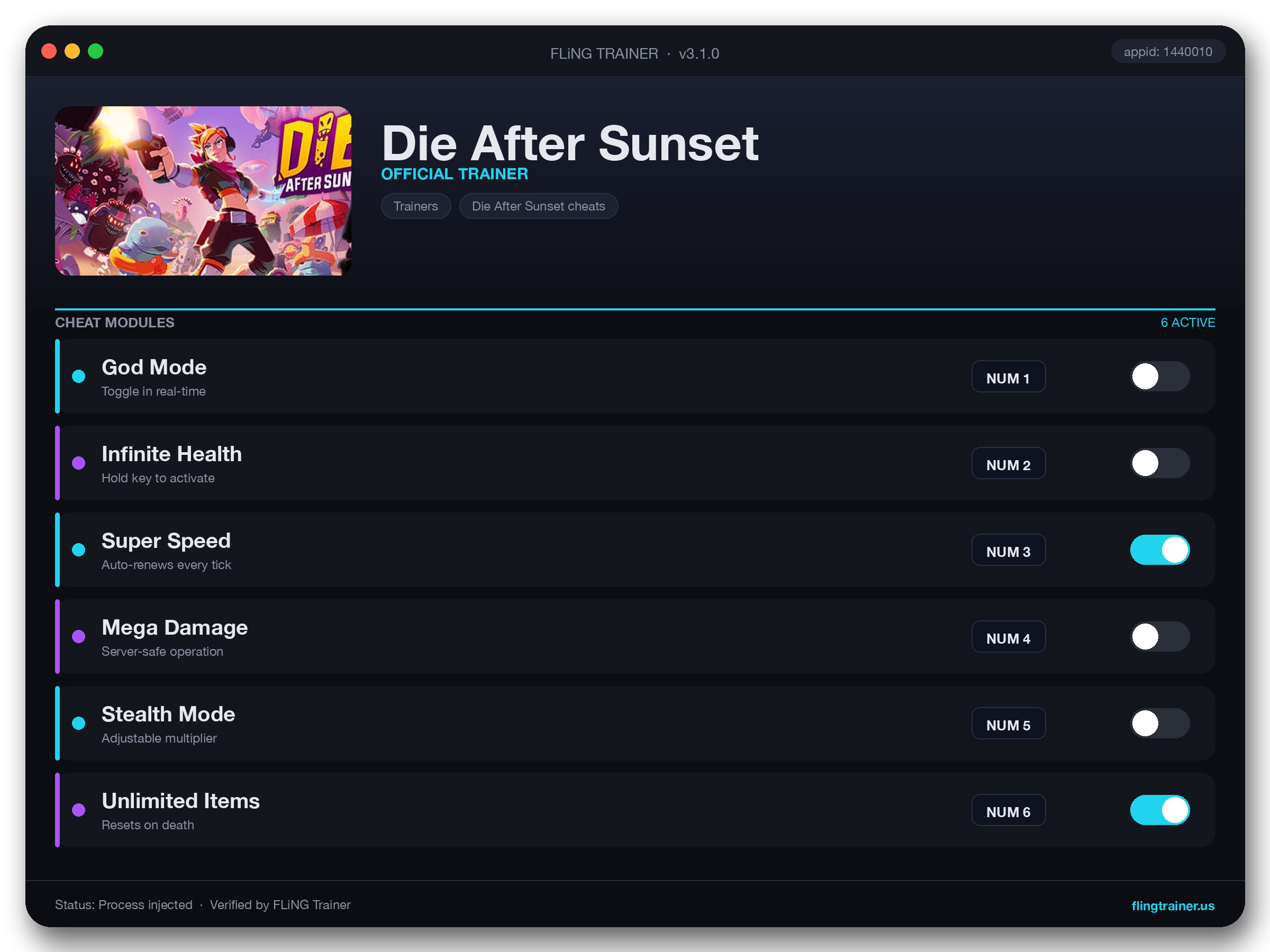 Die After Sunset Trainer interface