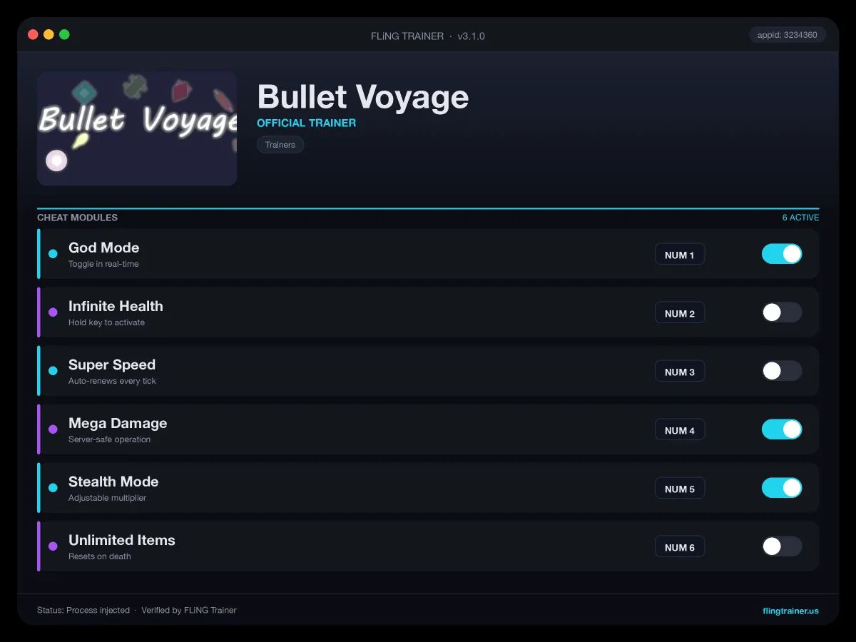 Bullet Voyage Trainer interface
